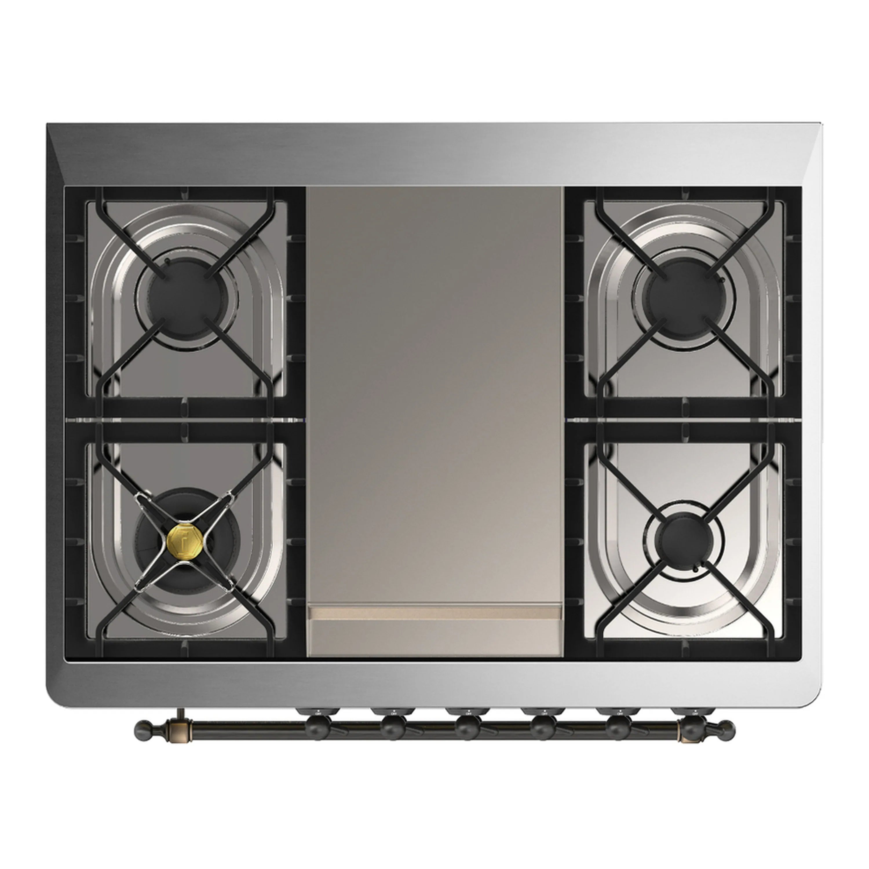 White dual fuel range cooktop with four visible gas burners and black grates