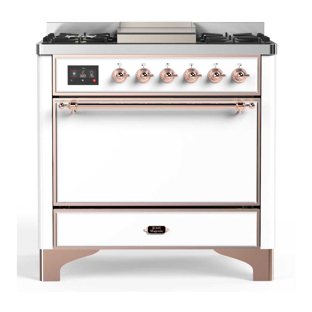 White dual fuel range with copper-trim knobs, top griddle, and open storage drawer