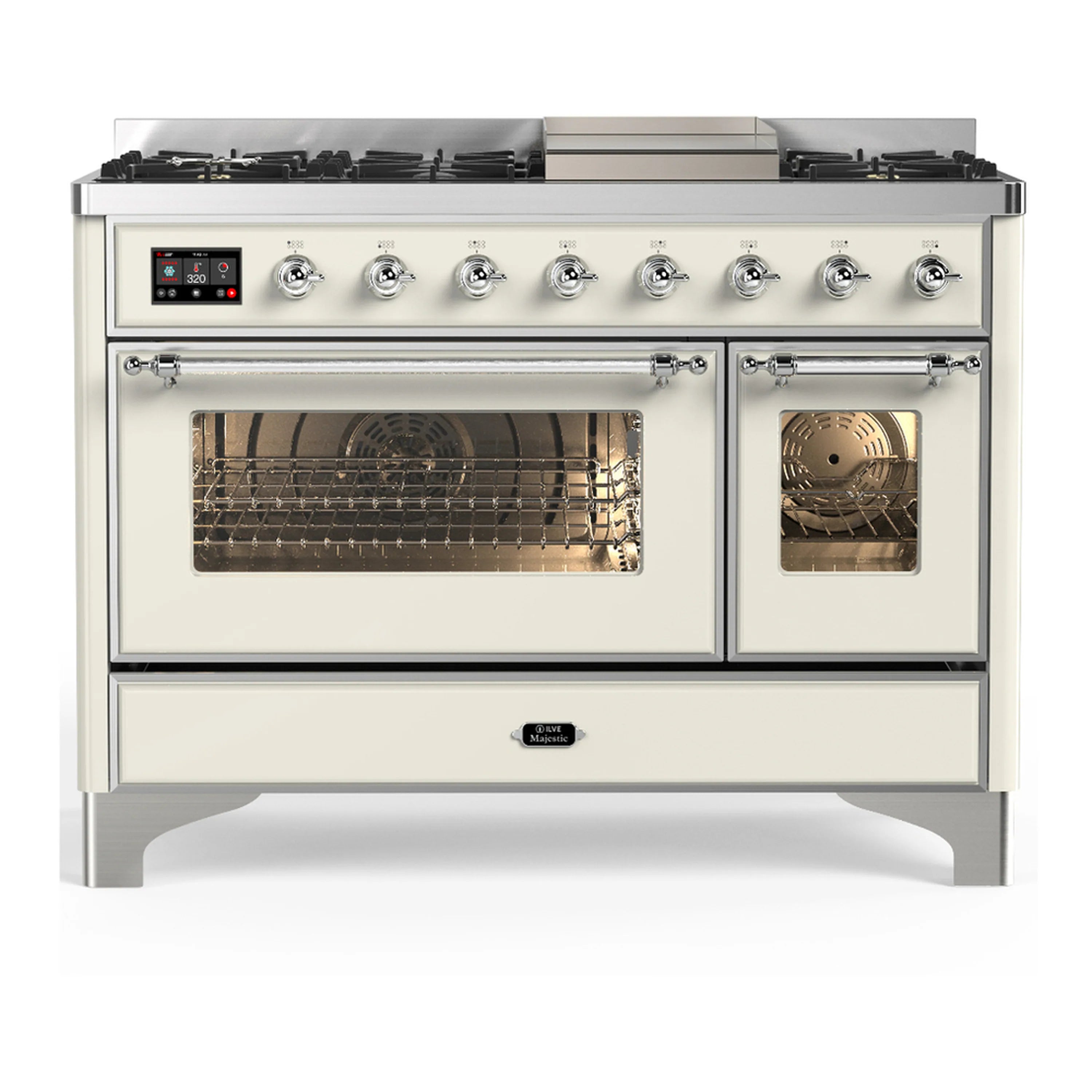 Antique white dual fuel range with closed oven doors, chrome trim, burner grates