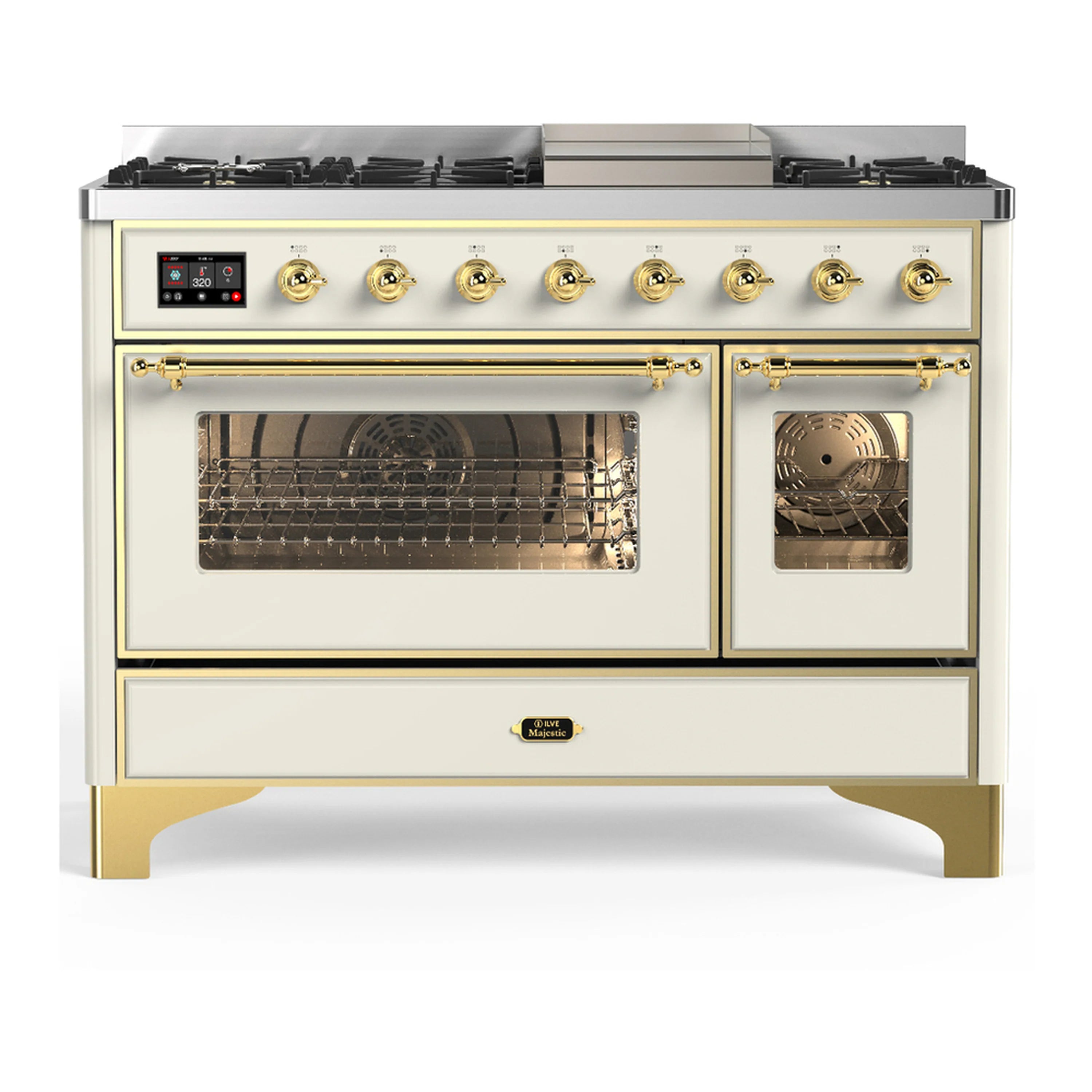 Antique white dual fuel range with glass oven doors and visible oven racks behind windows
