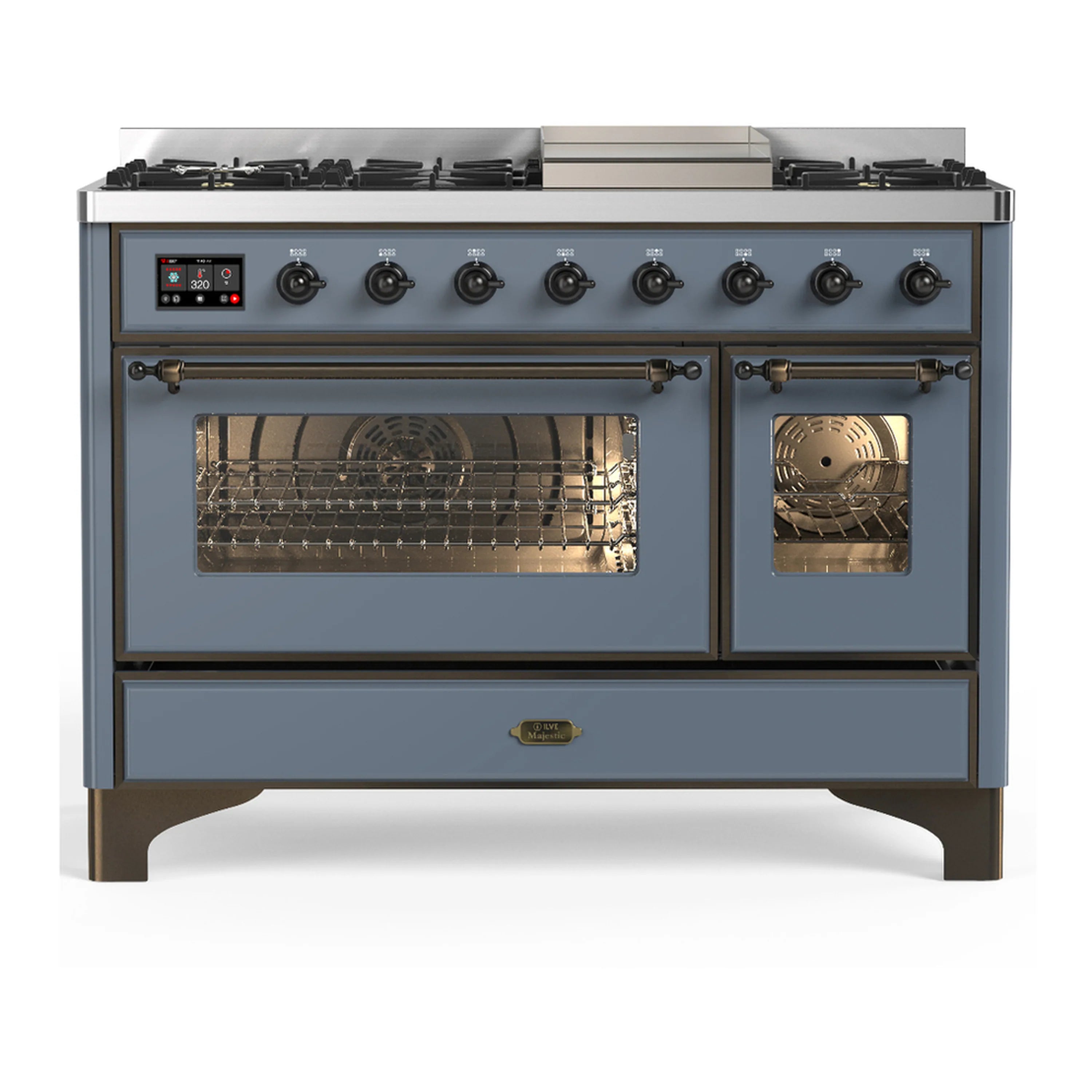 Blue grey dual fuel range with 5 gas burners and twin glass oven doors