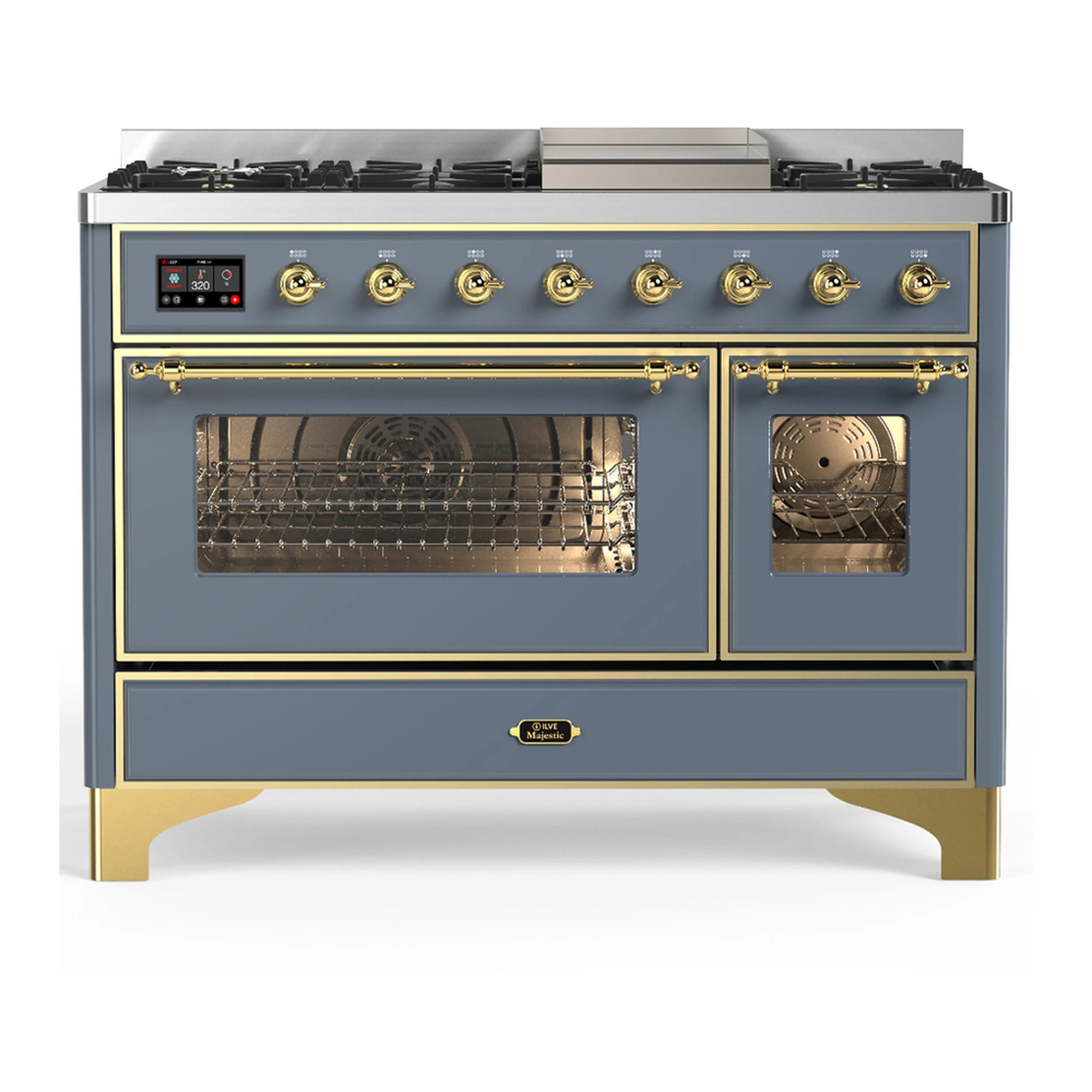 ILVE blue-grey dual fuel range with closed oven doors and brass trim
