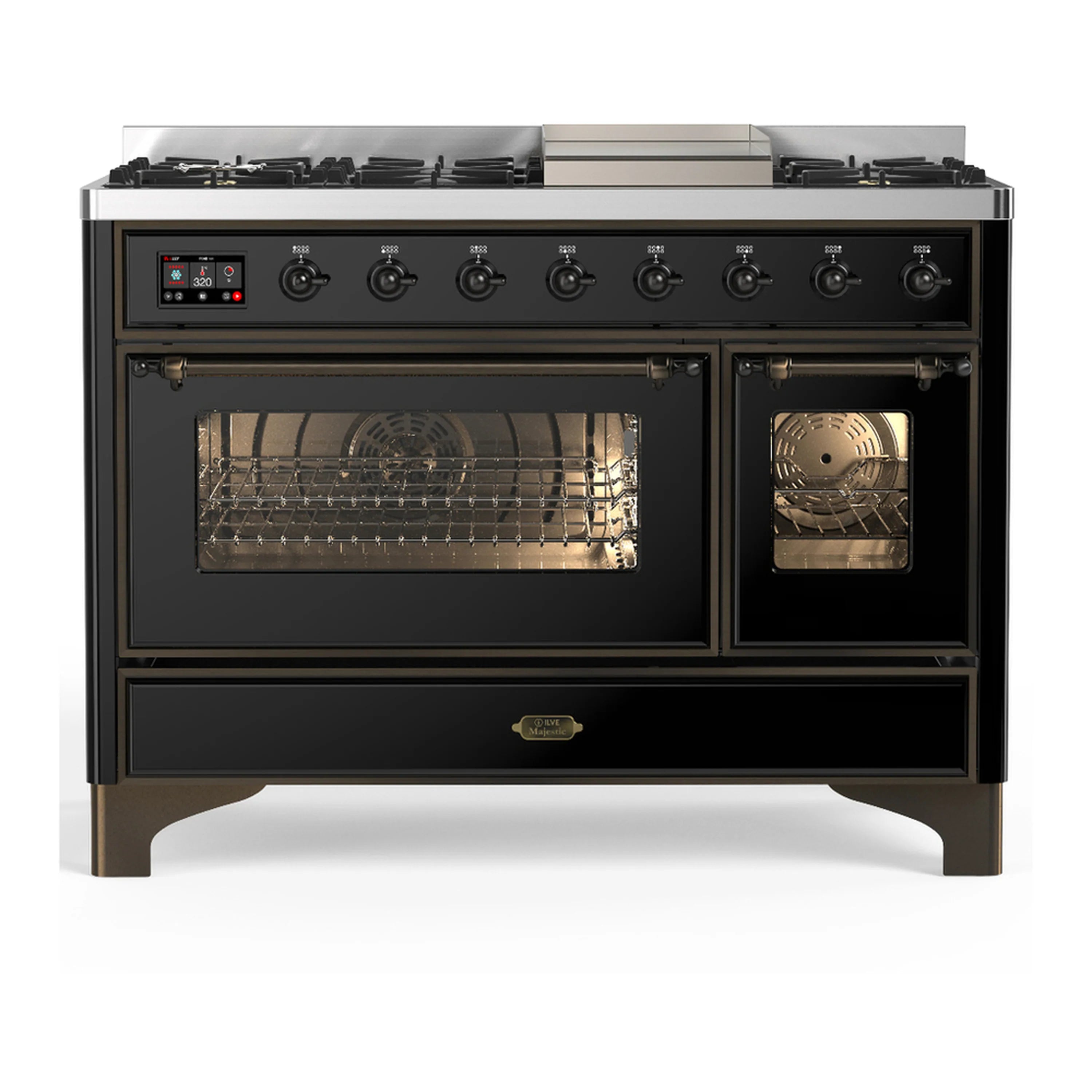 Glossy black dual fuel range with both oven doors closed, burner knobs and display on front.
