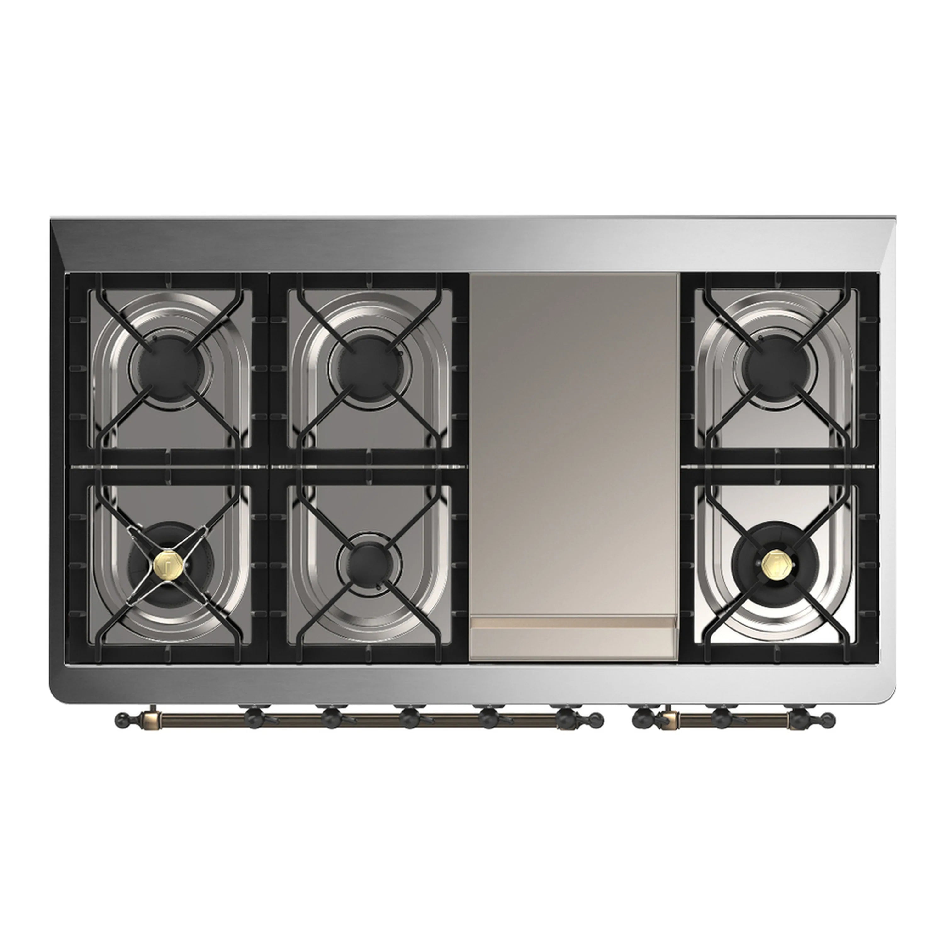 Dual fuel range cooktop from above with four burners and griddle section, black enamel grates.