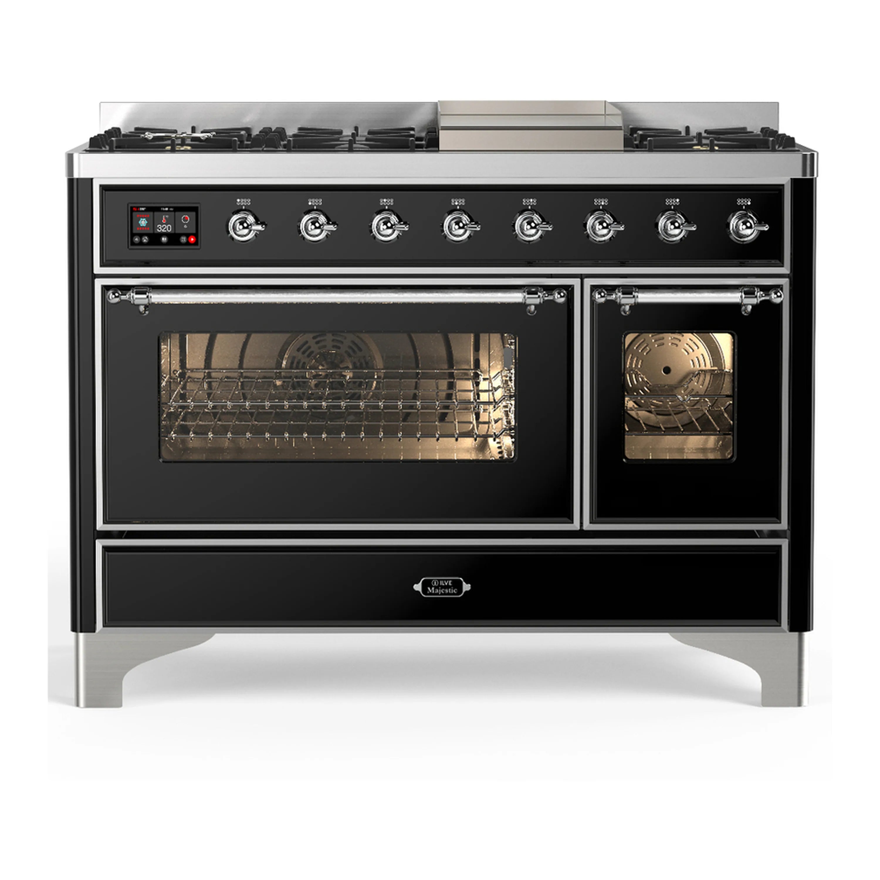 Glossy black dual fuel range with both oven doors open, racks inside, chrome trim