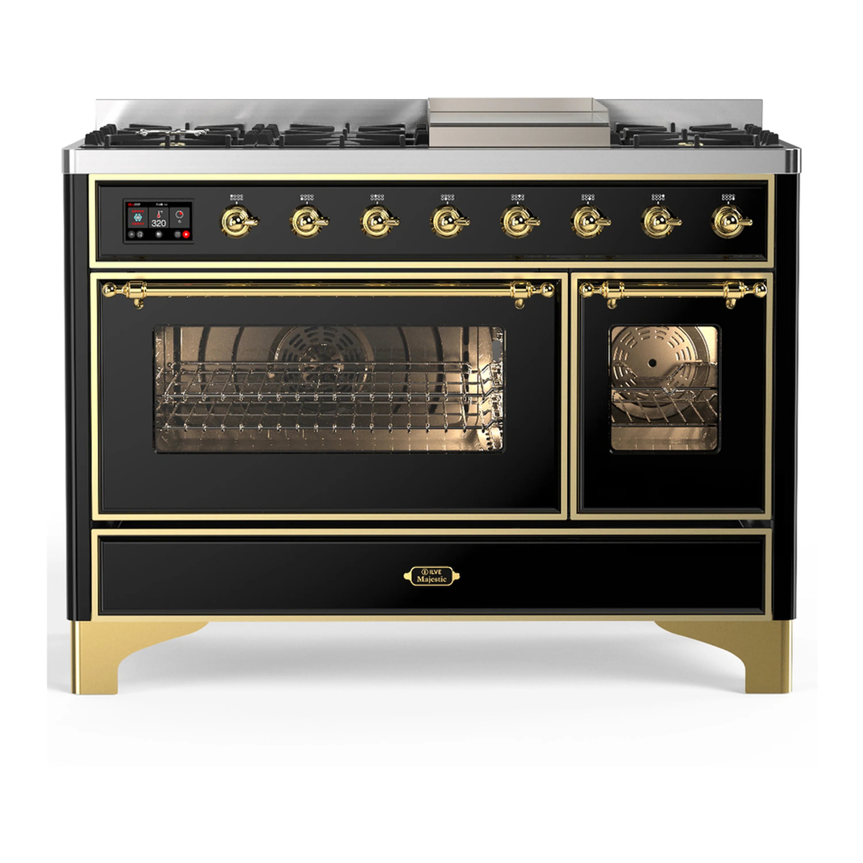ILVE dual fuel range glossy black with brass trim; oven racks visible in both doors