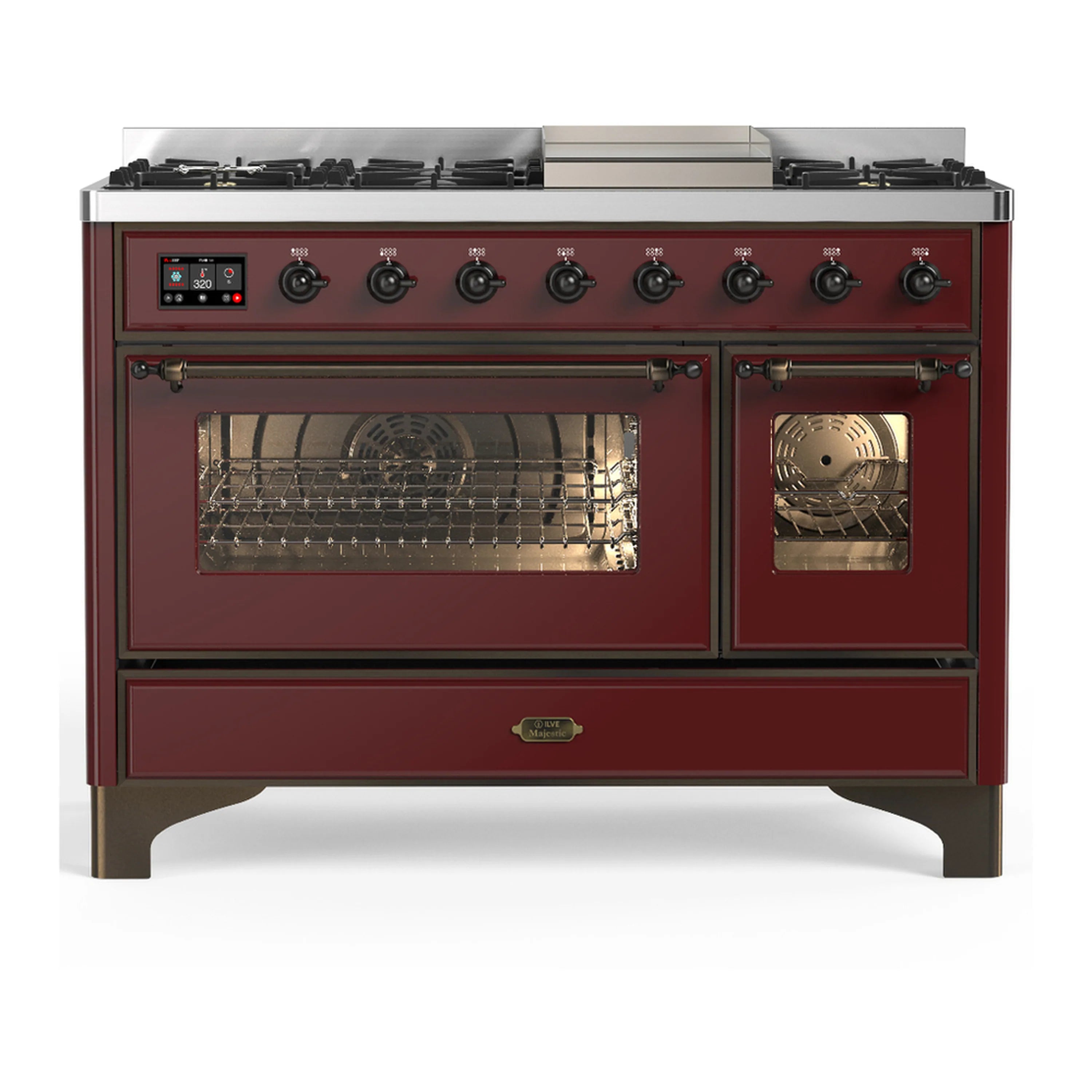 Burgundy dual fuel range front view with burner controls and oven door windows