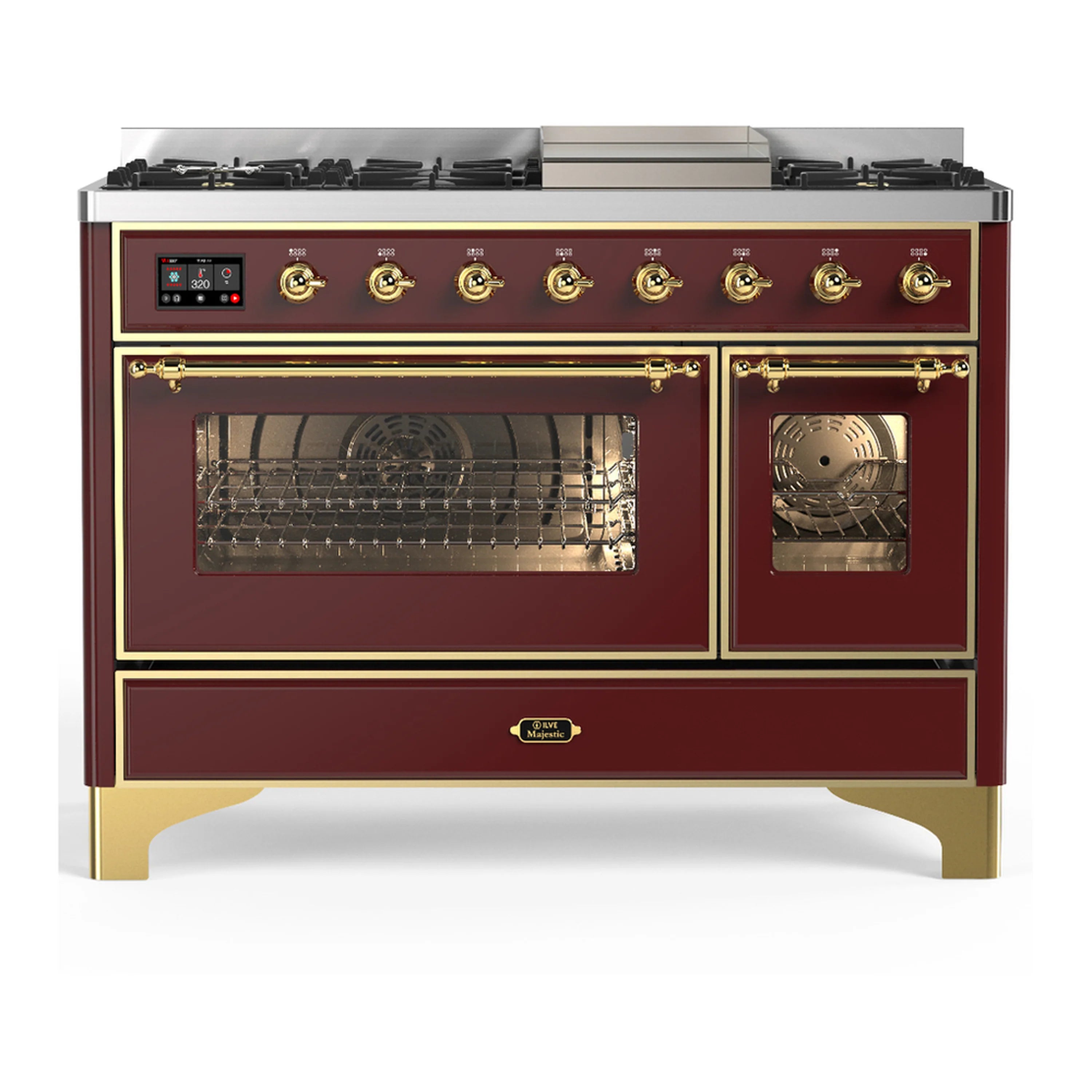 Burgundy dual fuel range with brass trim, oven doors closed with glass and brass handles