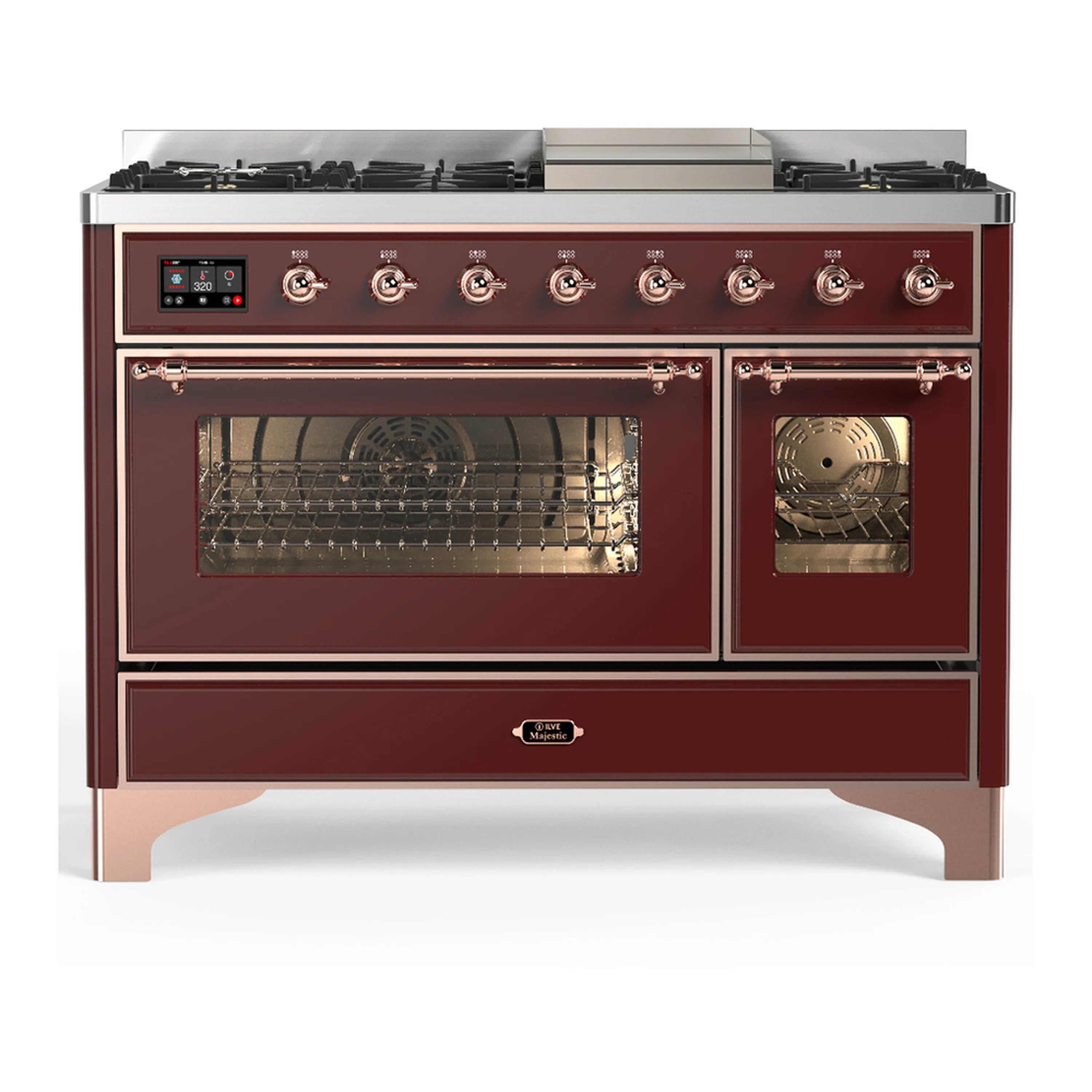 Burgundy dual fuel range with copper trim, oven doors open, control knobs on front