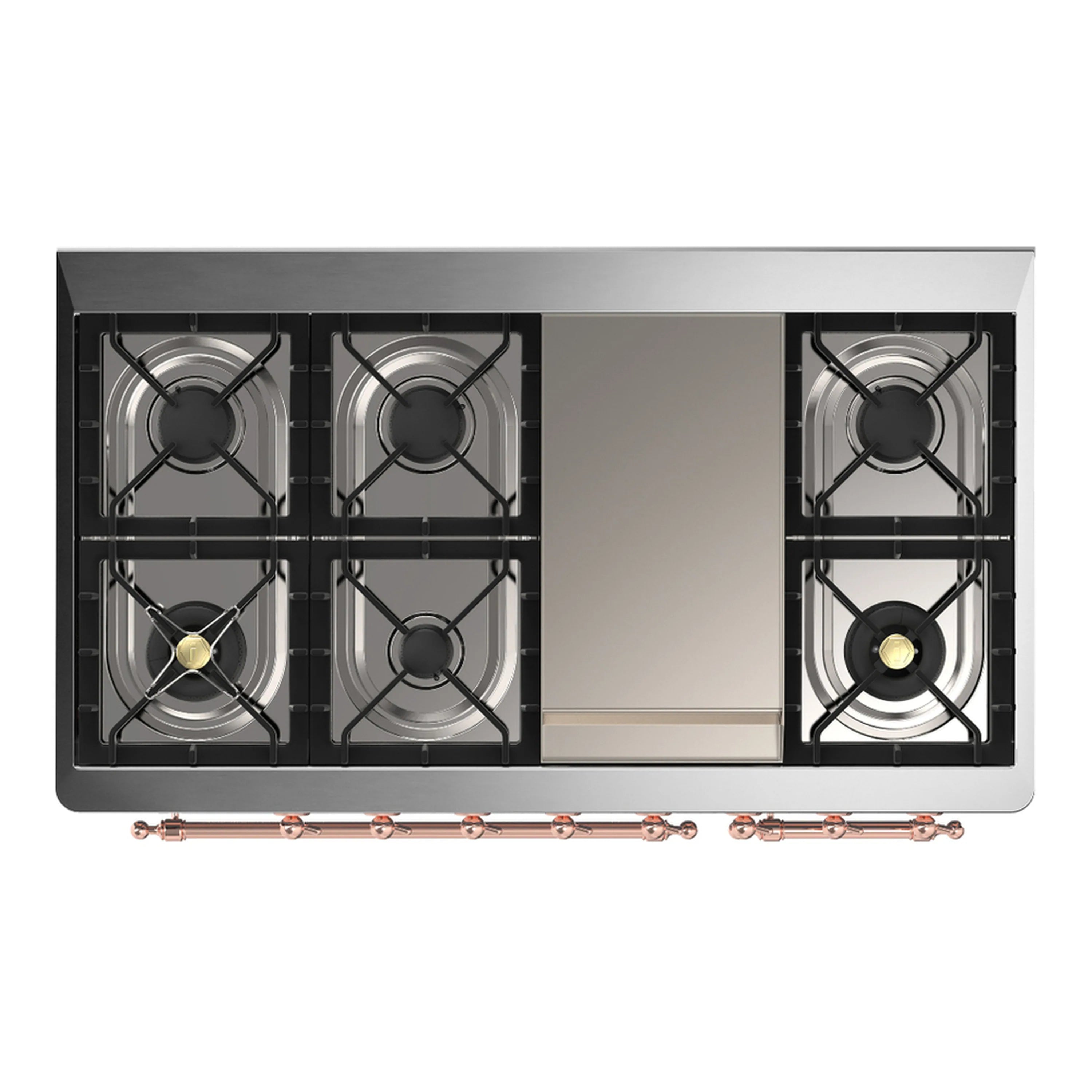Dual fuel range cooktop view with six black gas burners and central grates