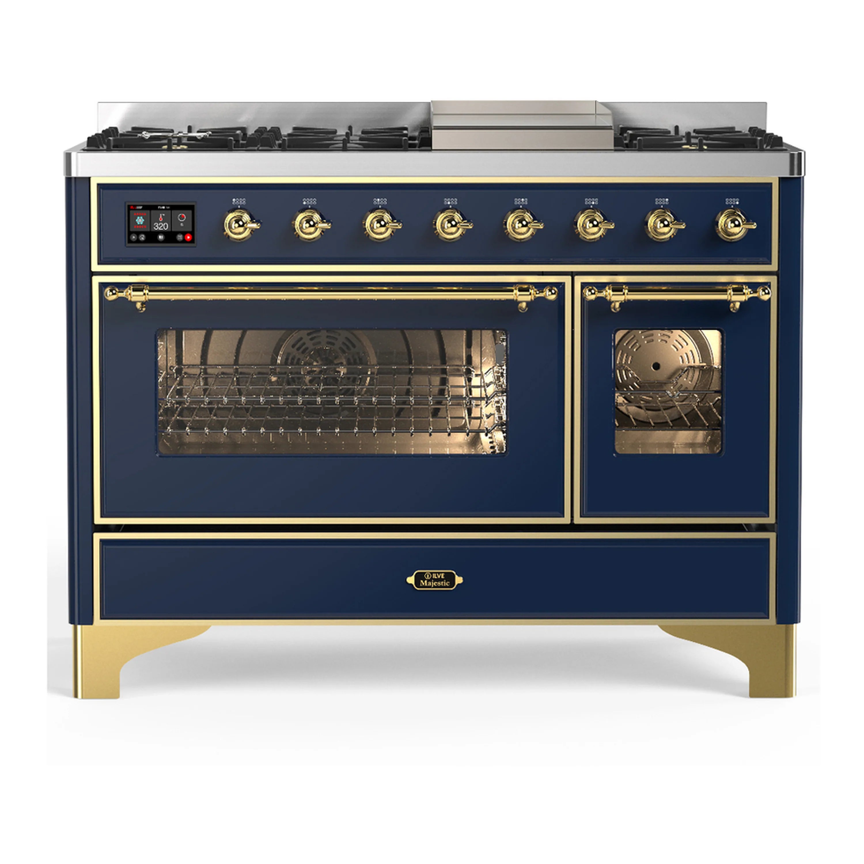 Blue grey dual fuel range with brass handles and two oven doors with glass windows