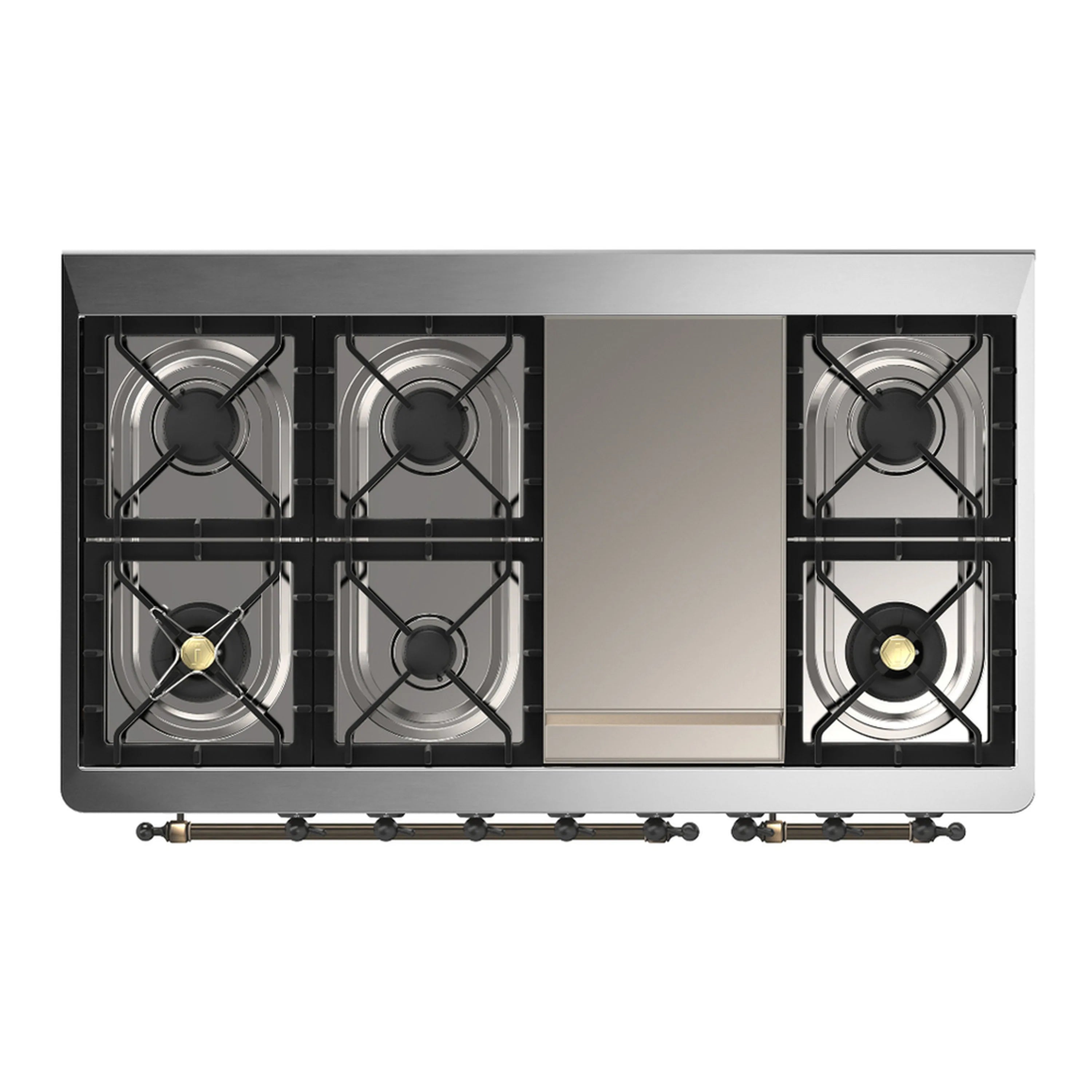 Midnight blue dual fuel range cooktop with four gas burners and stainless back panel