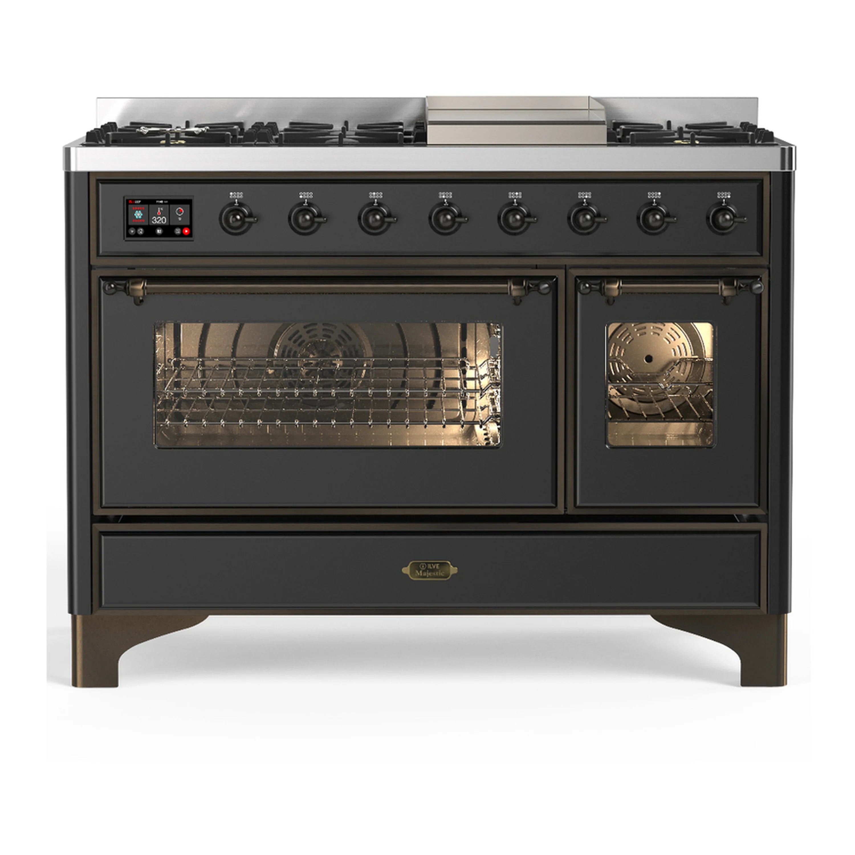 Graphite matte dual fuel range with oven doors closed and burner knobs along front