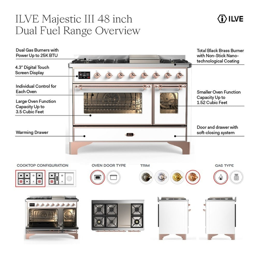 ILVE Majestic III 48-inch Dual Fuel Range with 5 Natural Gas Burner, Griddle and Triple Glass Door Electric Oven in Mediterranean Mint with Burnished Trim (UM48FNR3MMB)