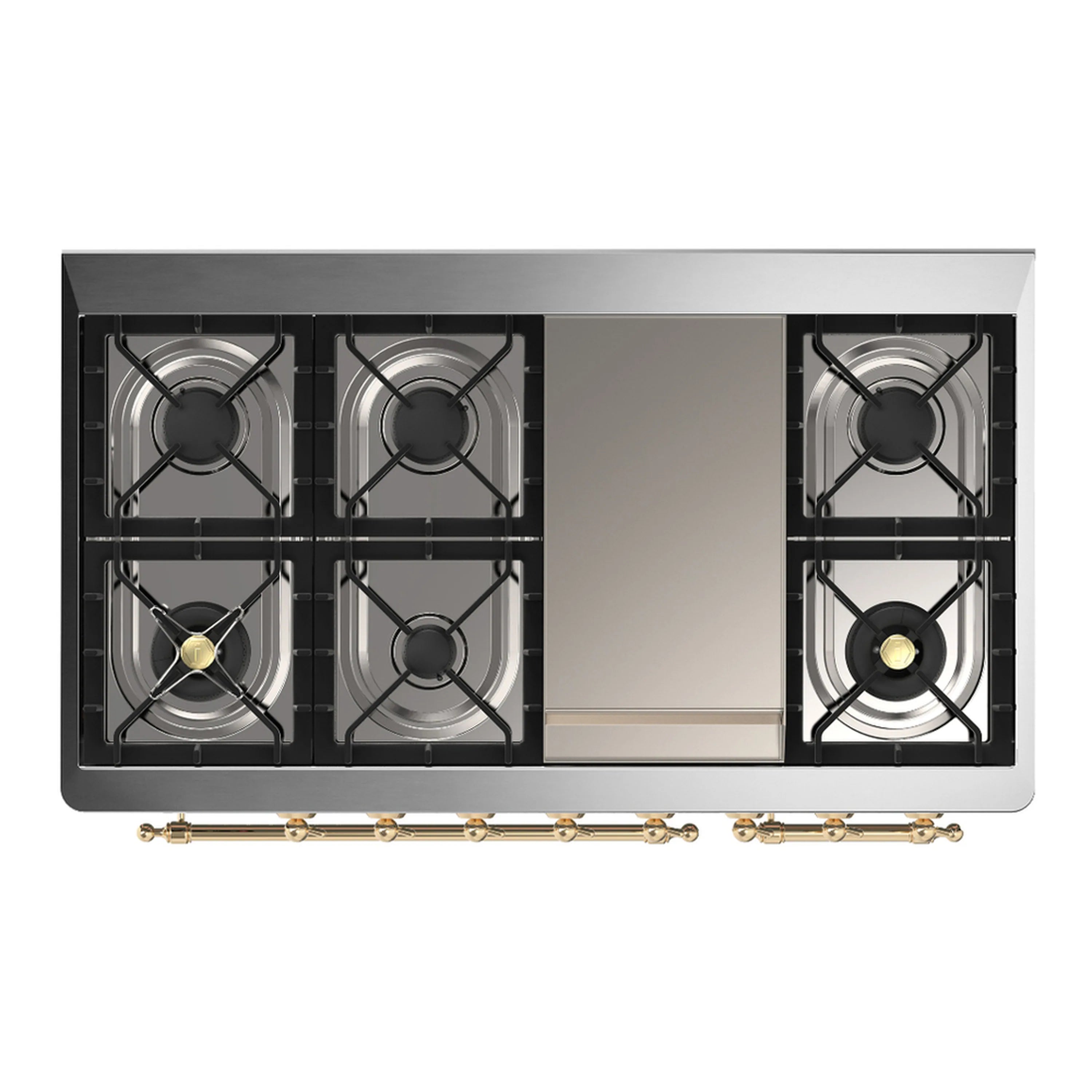 Stainless cooktop with four cast-iron burners and black grates, brass control knobs