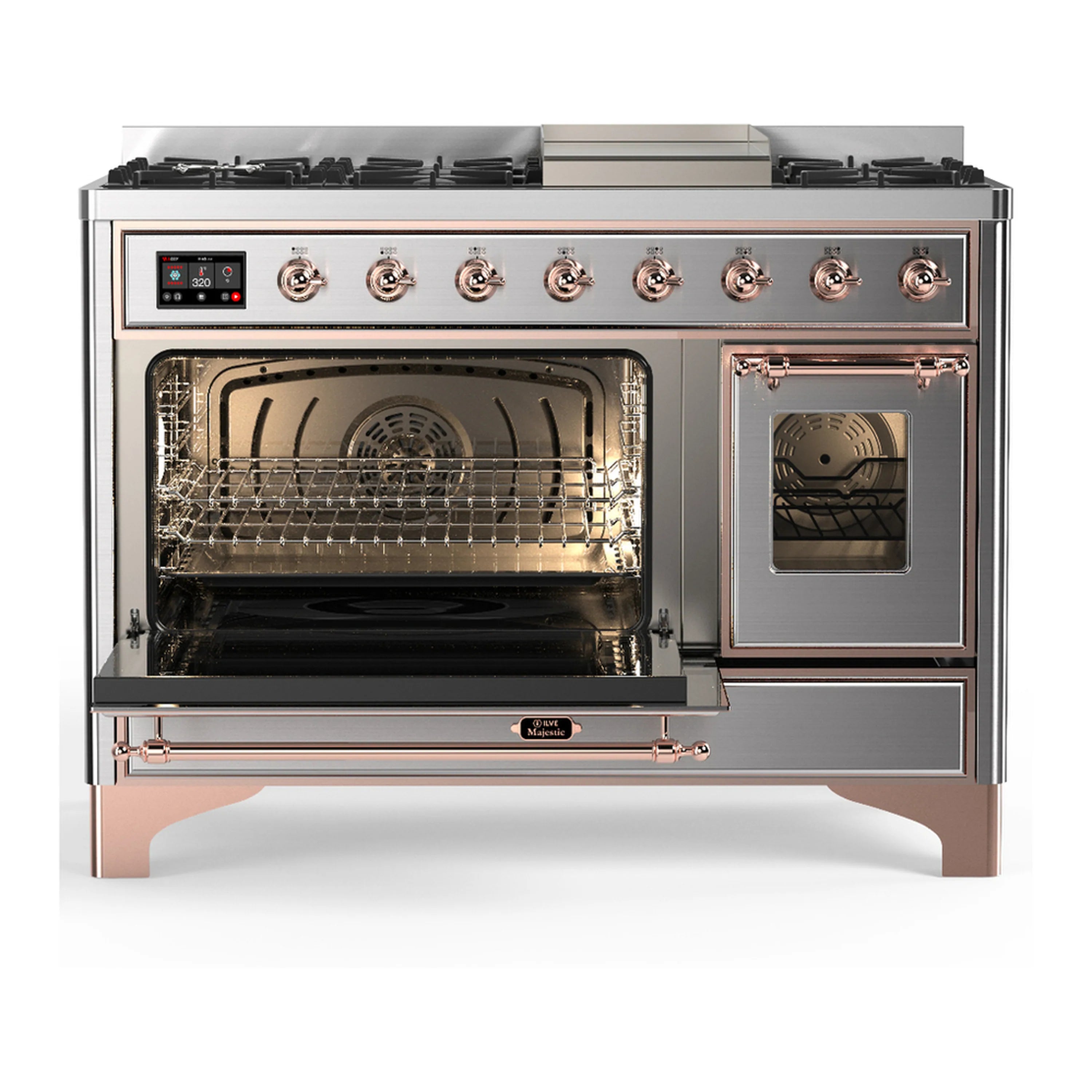 Stainless steel dual fuel range with open main oven and closed side door window