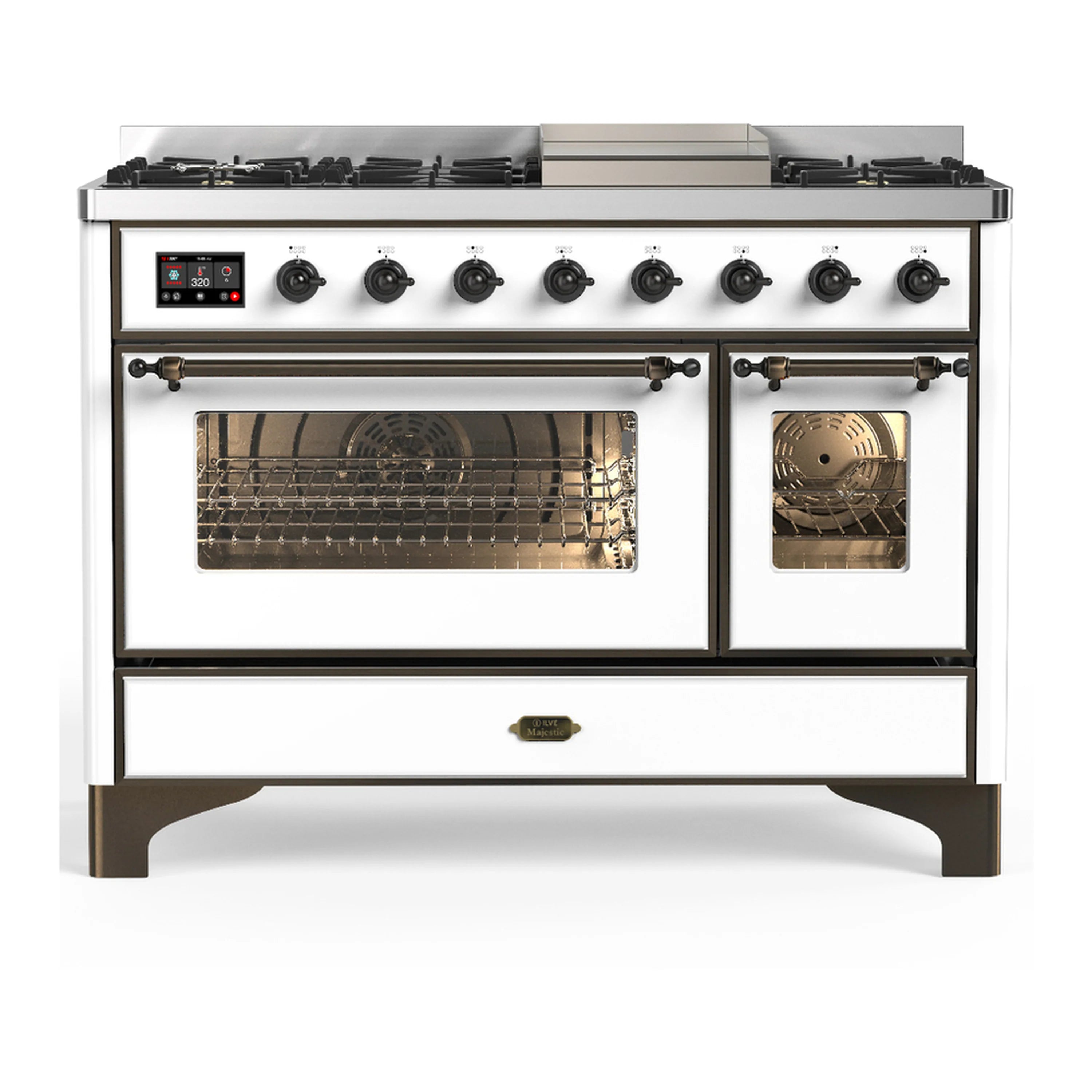White dual fuel range with gas burners and two oven glass doors, both windows visible