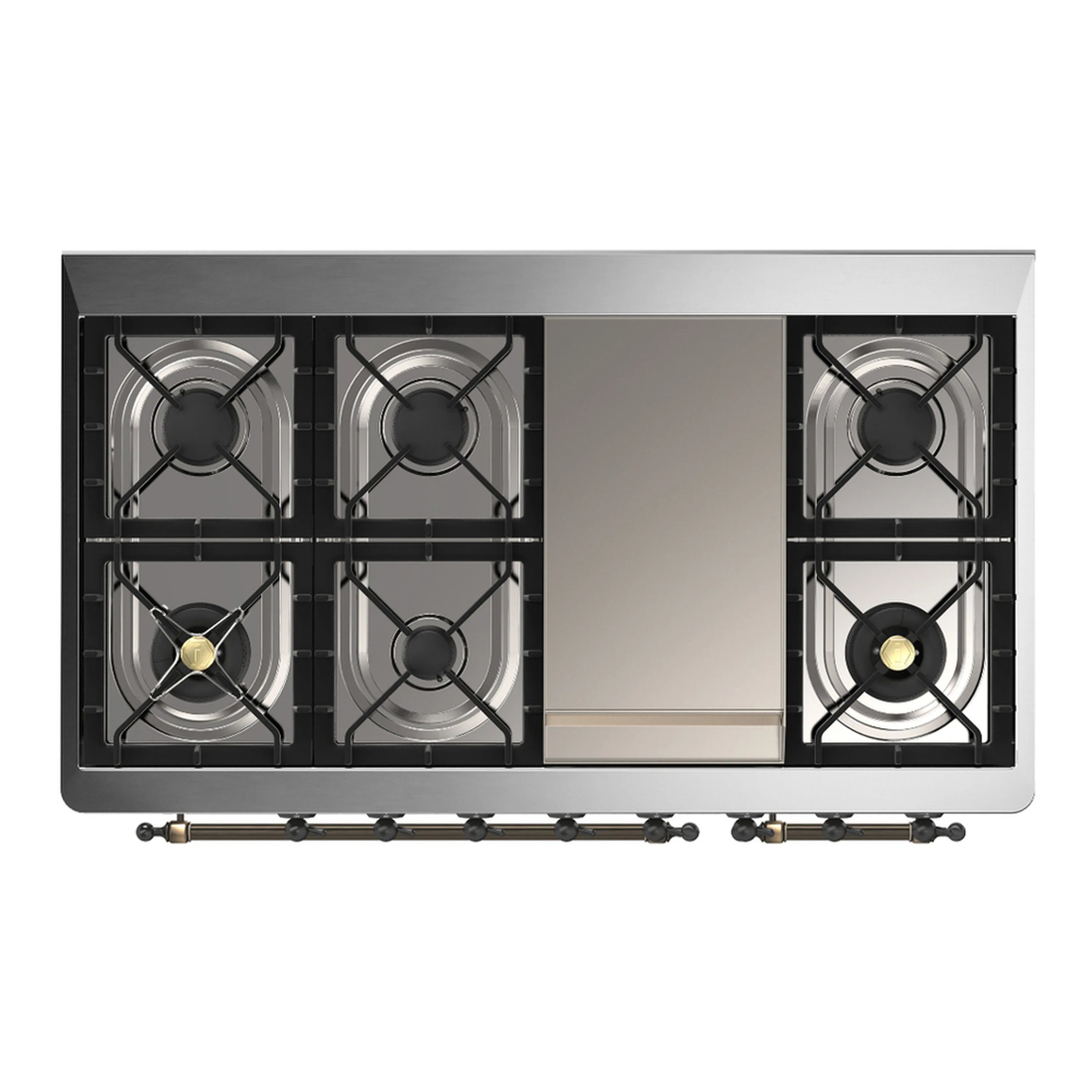 White dual fuel range cooktop with five gas burners and black grates, top view