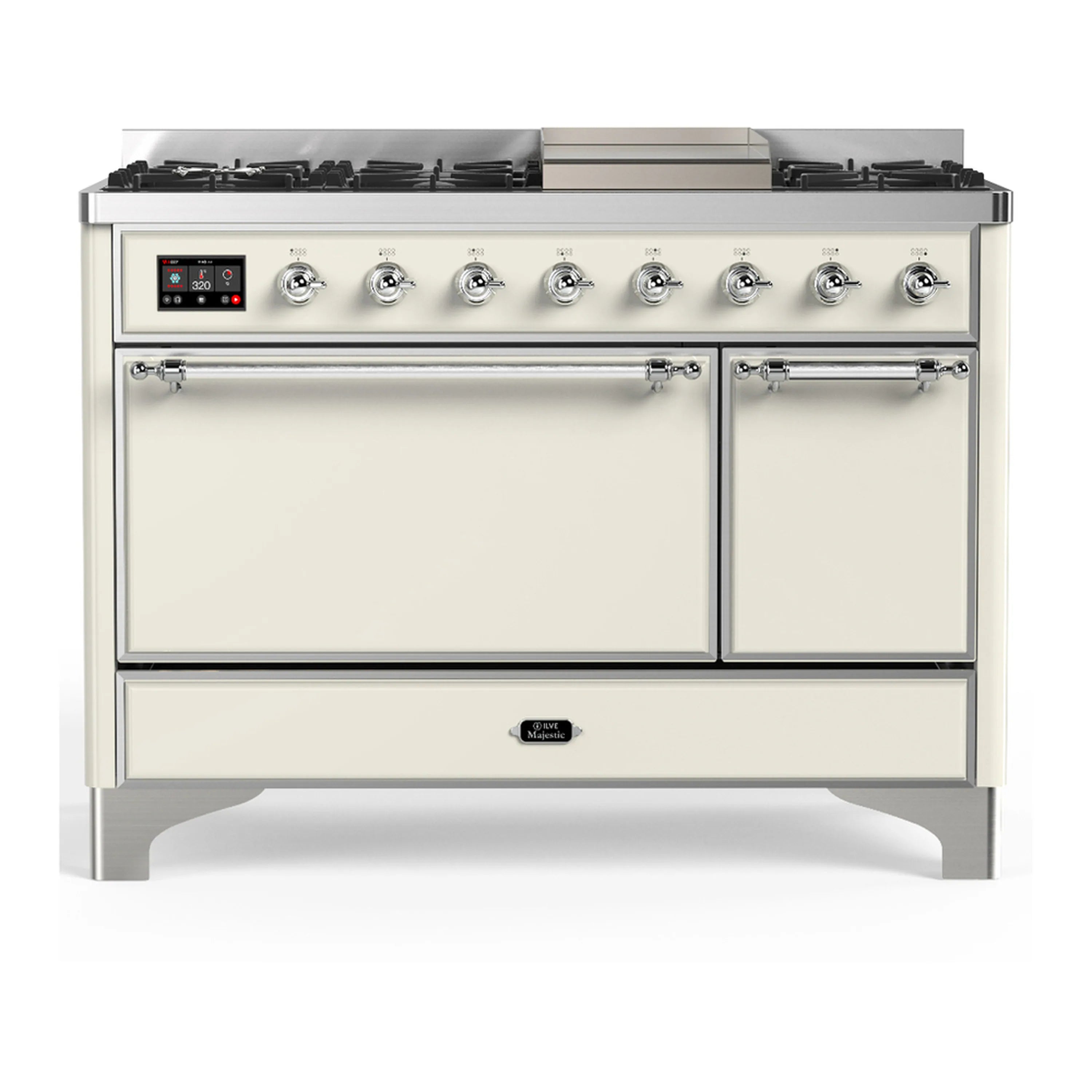 Antique white dual fuel range with chrome trim, natural gas burners, and two oven doors