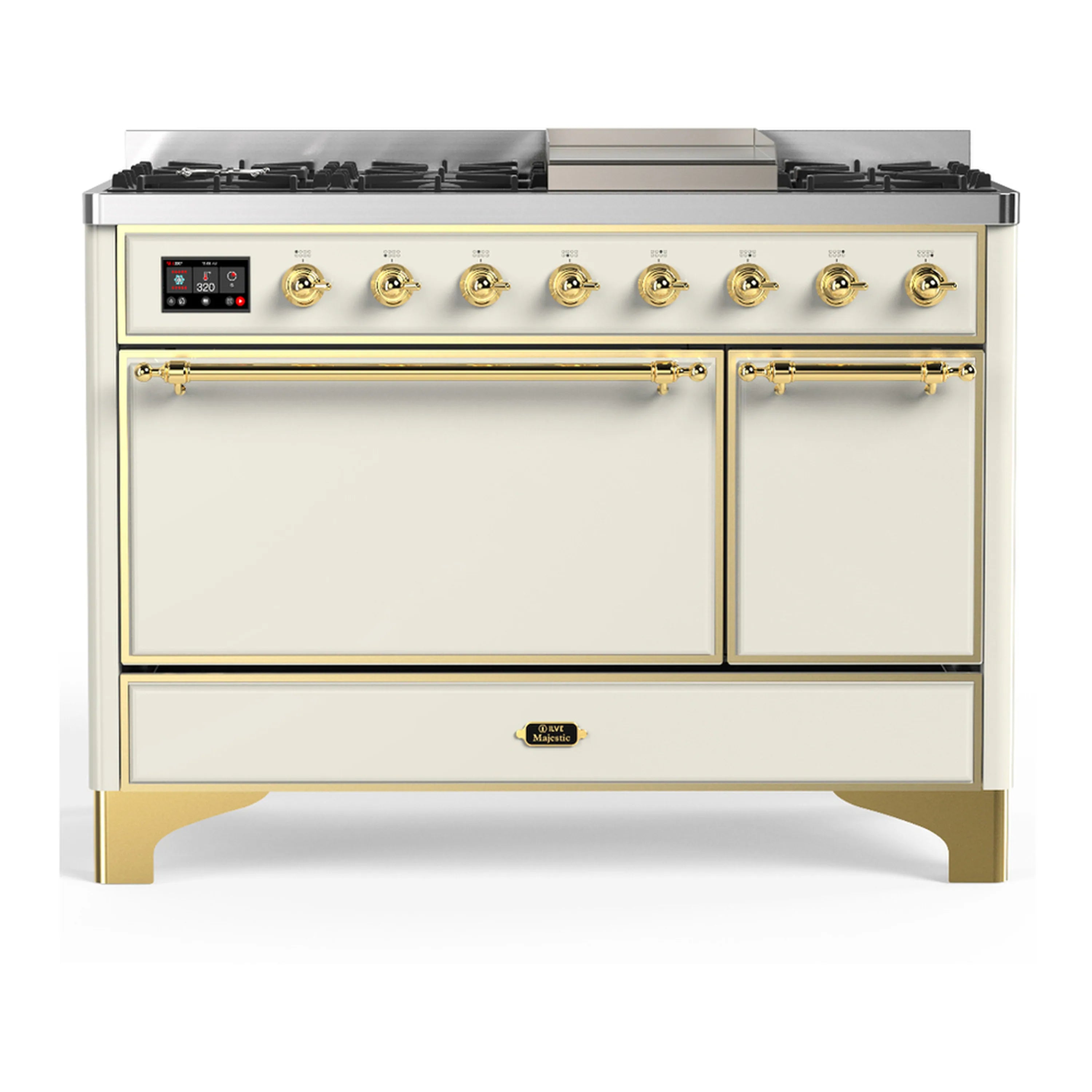 Antique white dual fuel range with brass trim, burner grates, and two front doors
