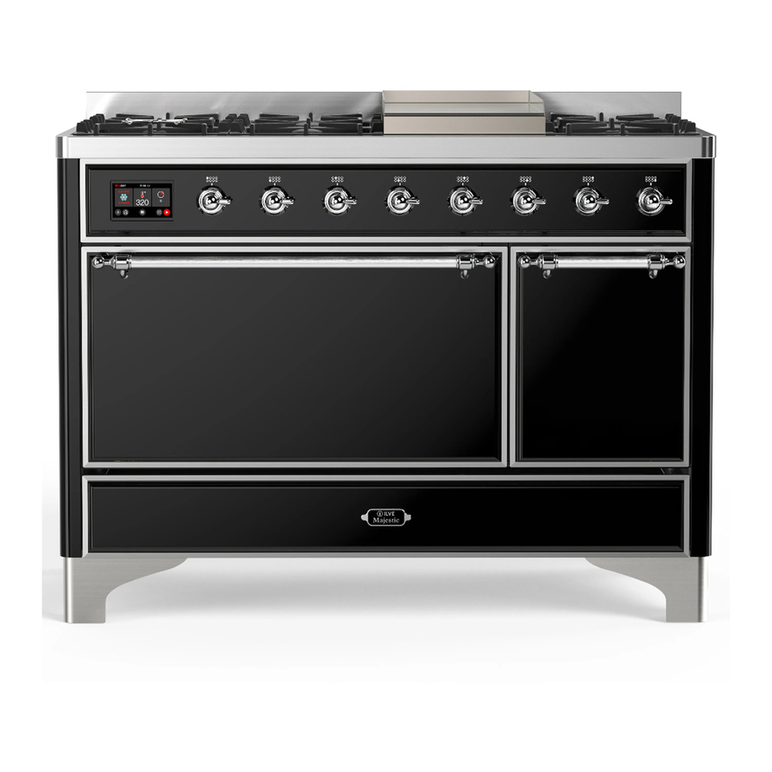 Glossy black dual-fuel range with double oven doors closed and chrome-trim front knobs