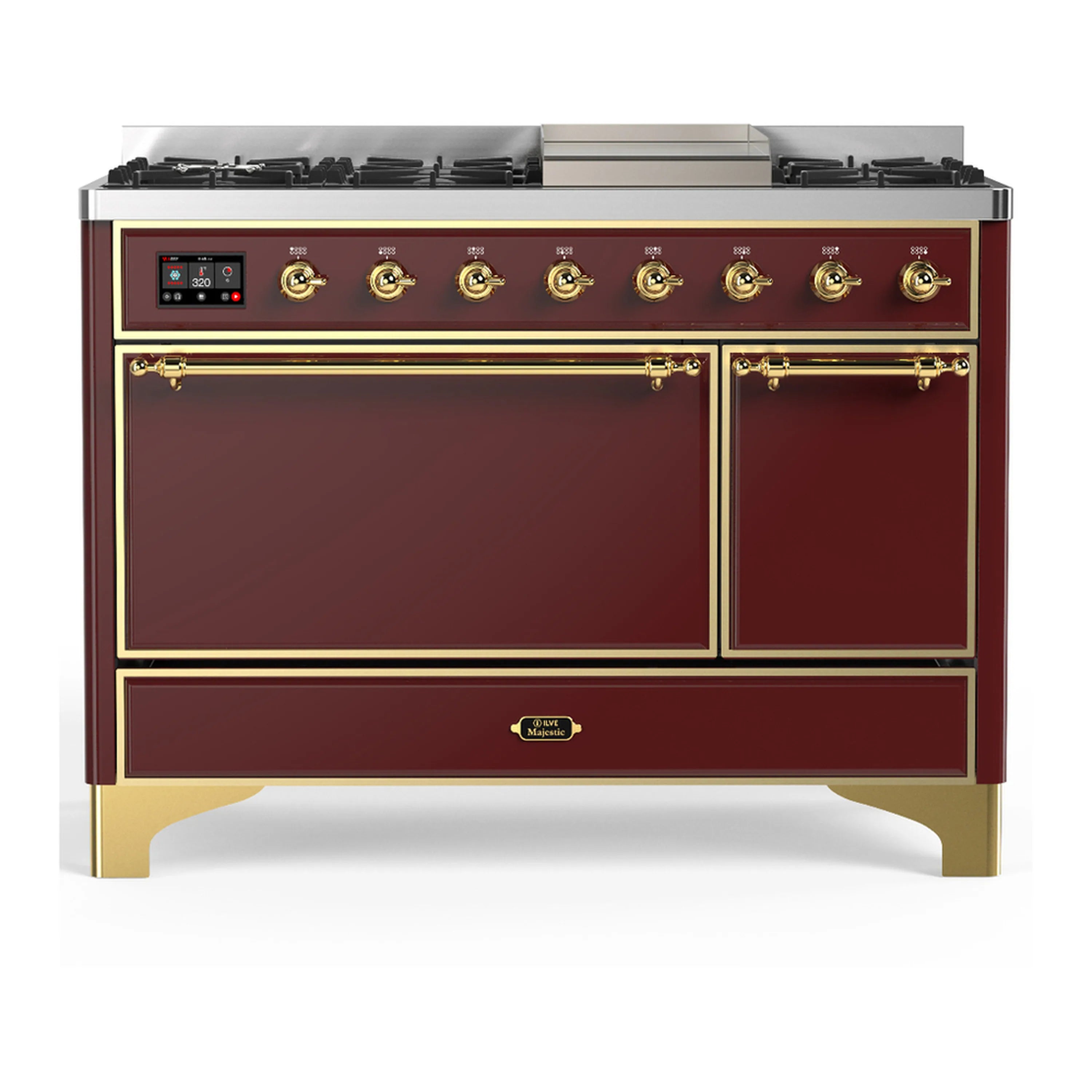 Burgundy dual fuel range with brass trim, burner grates, and two solid cabinet doors