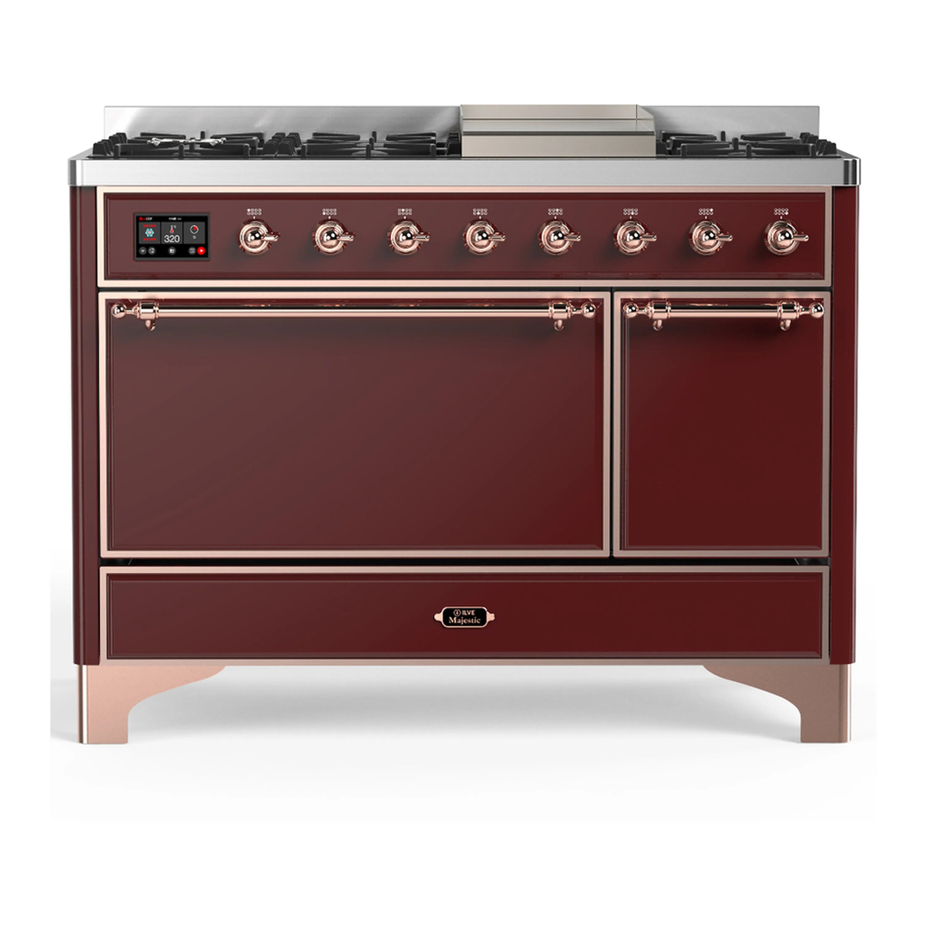 Burgundy dual-fuel range with copper trim, front control panel and double oven doors
