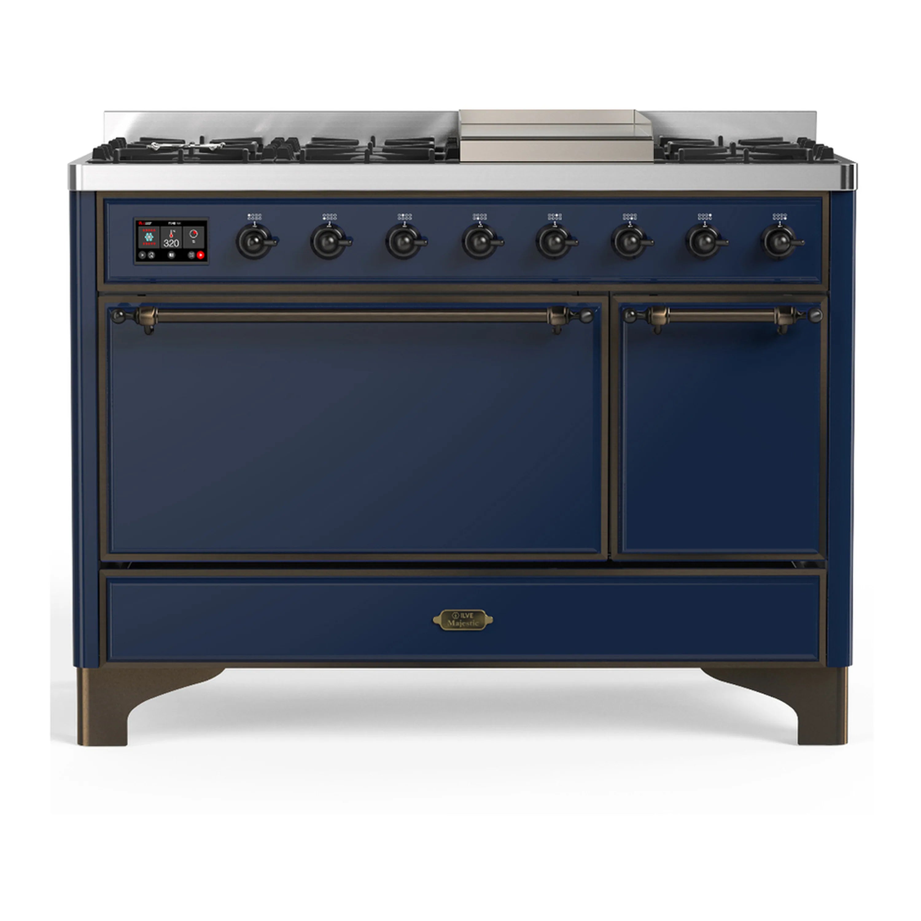 Midnight blue dual-fuel range with 5 propane burners, griddle, and solid oven doors