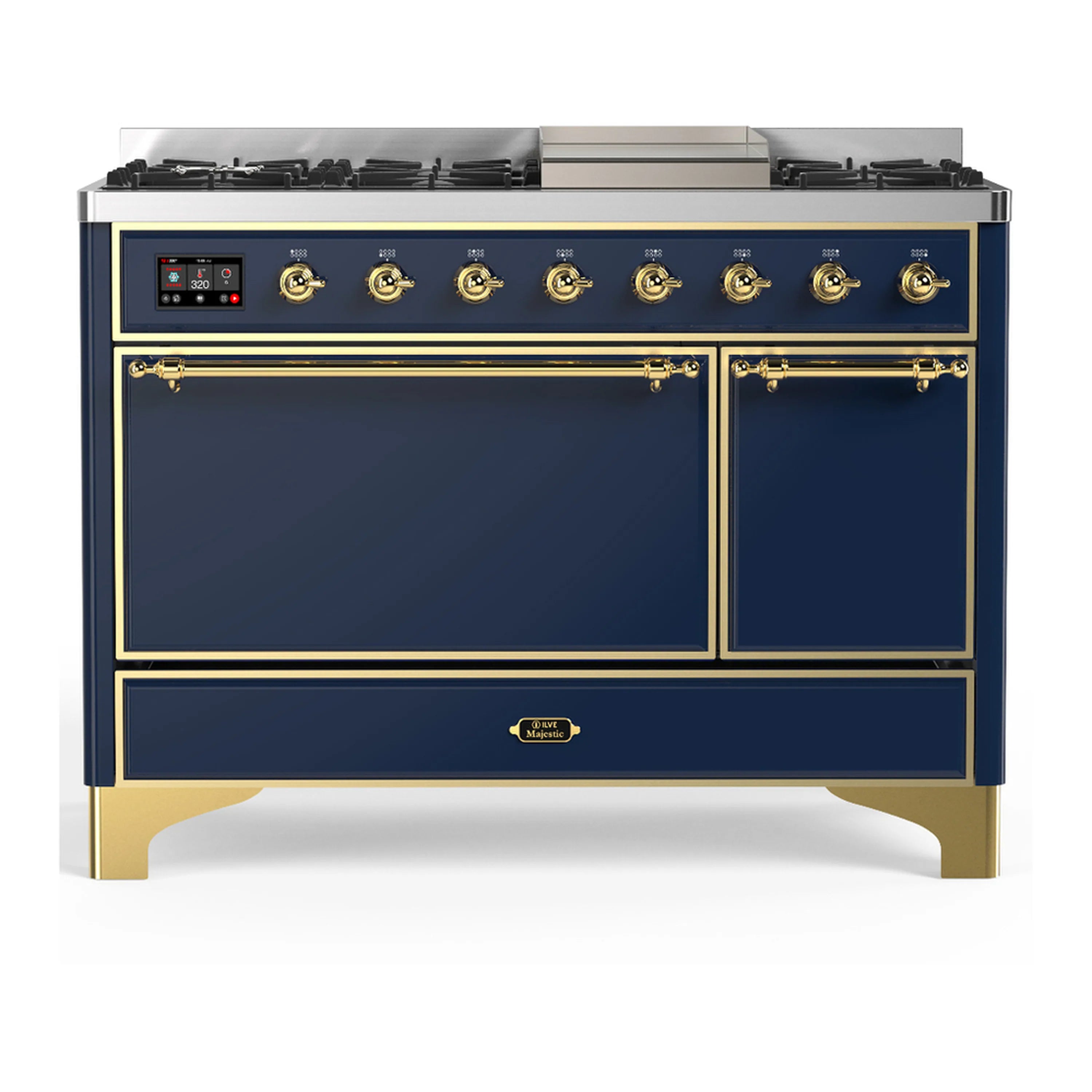 ILVE dual fuel range, blue-grey with brass trim; two oven doors closed and top burners