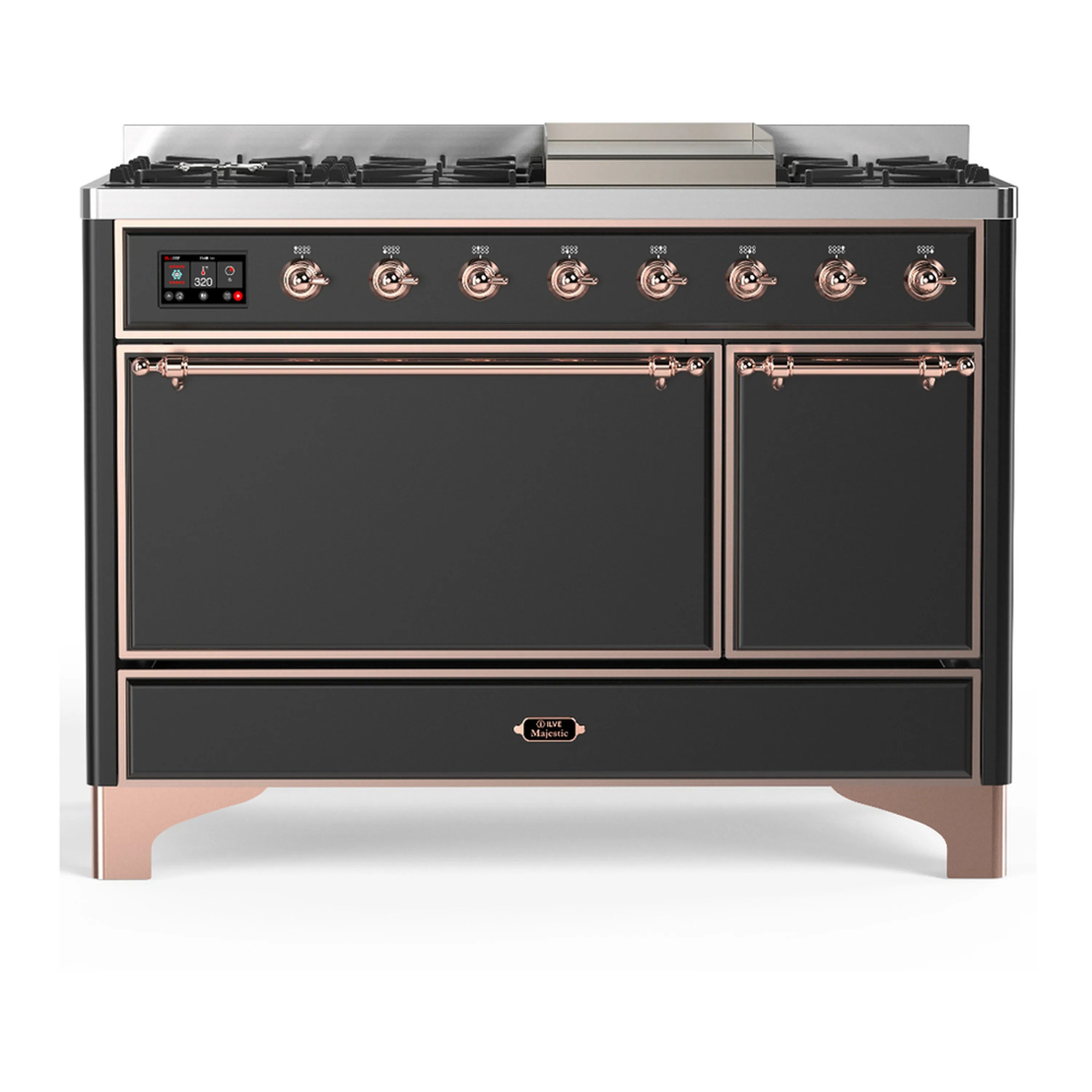 Dual fuel range with two oven doors and burner knobs, graphite matte with copper trim
