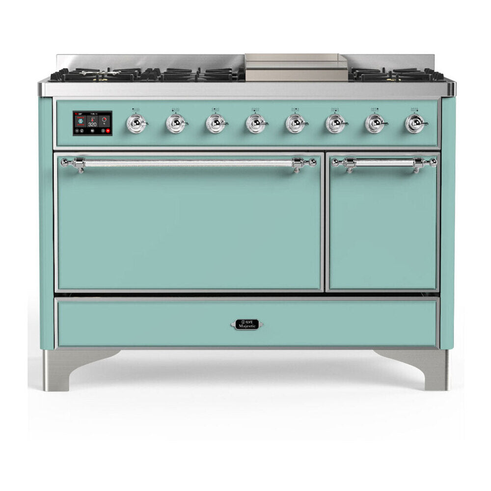 ILVE Majestic III 48-inch Dual Fuel Range with 5 Natural Gas Burner, Griddle and Solid Door Electric Oven in Mediterranean Mint with Chrome Trim (UM48FQNR3MMC)