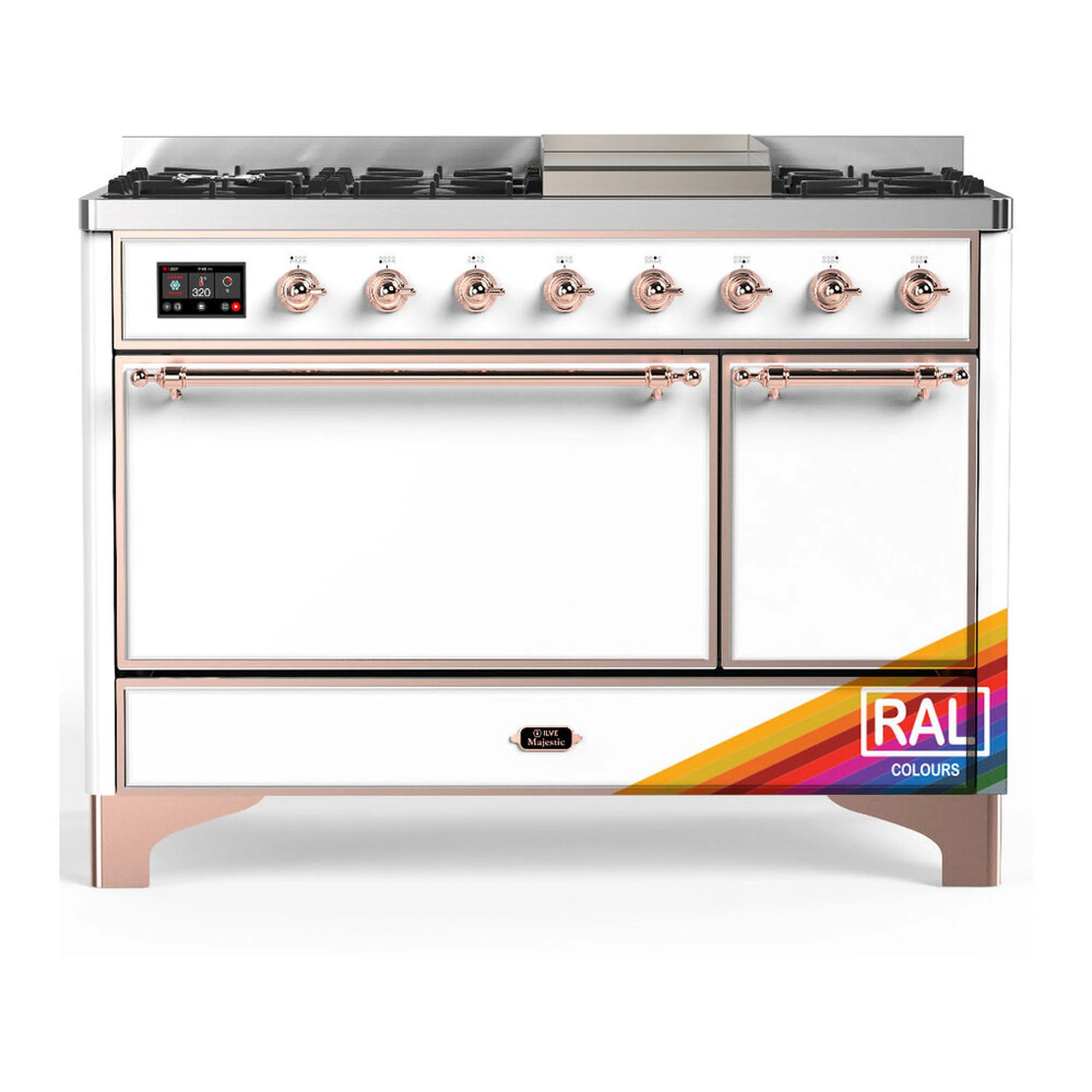 Dual fuel range with copper trim, five gas burners, and two solid oven doors, RAL finish