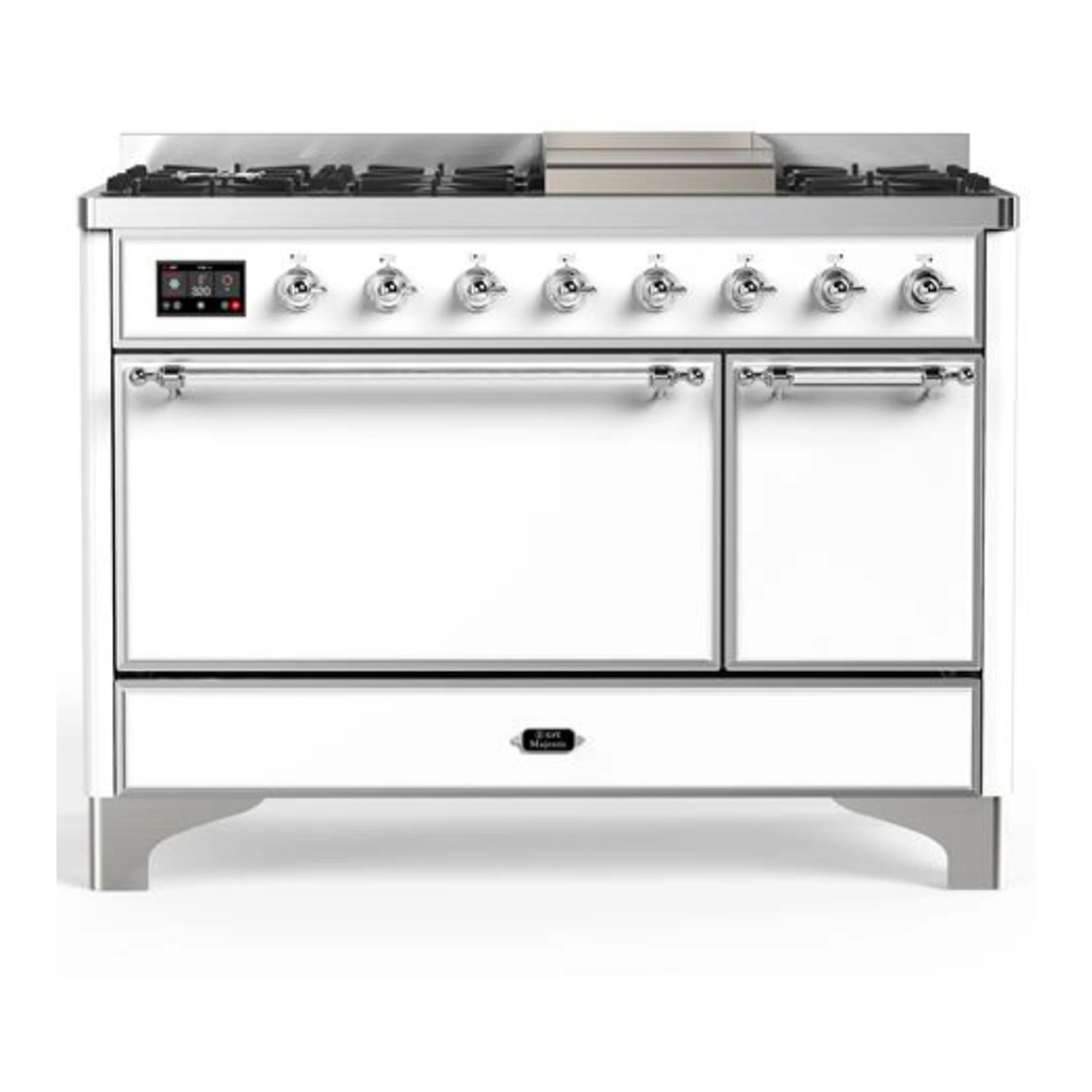 White dual-fuel range with chrome trim, closed oven doors, and top burner controls