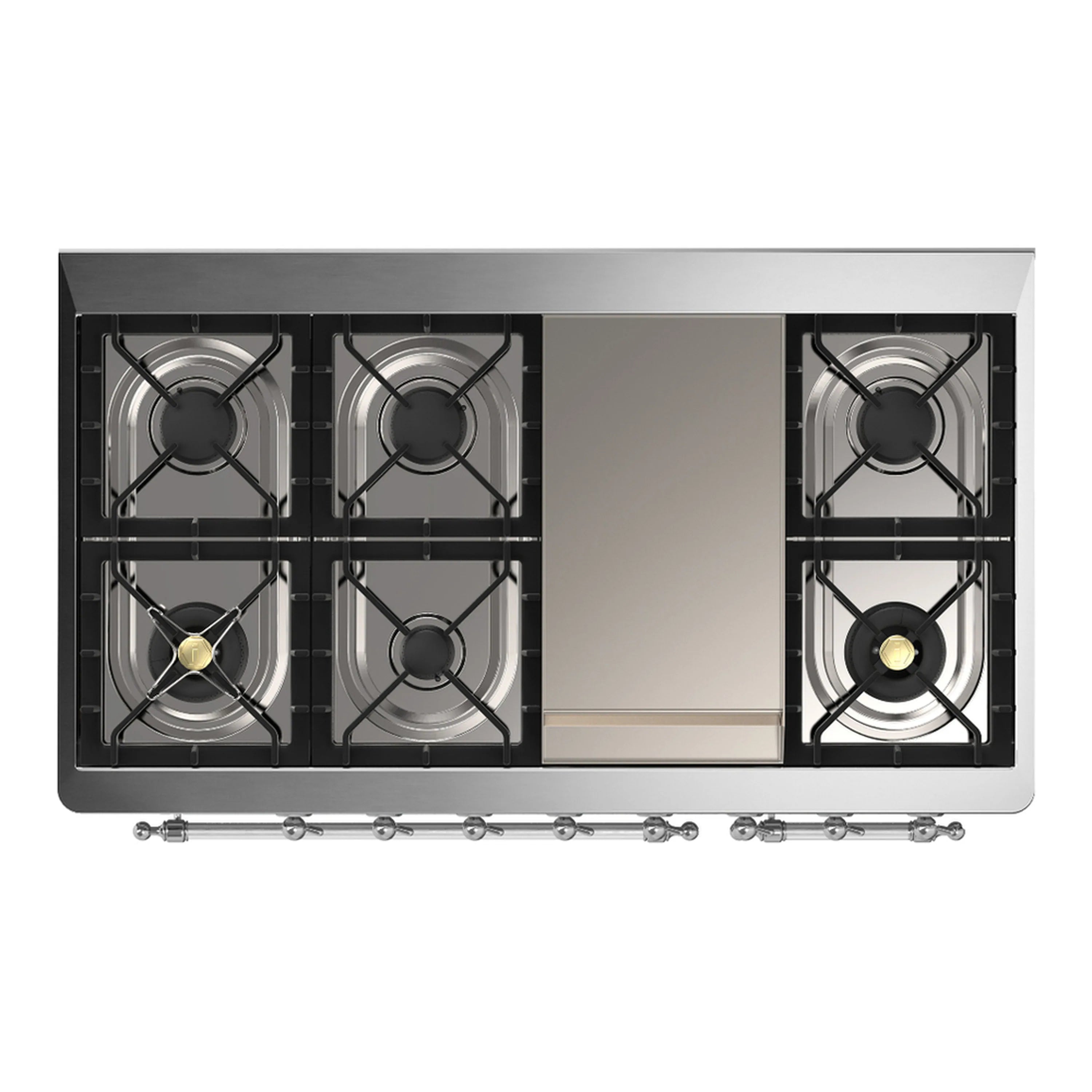 Dual-fuel cooktop with black burner grates and cast burners in a white range