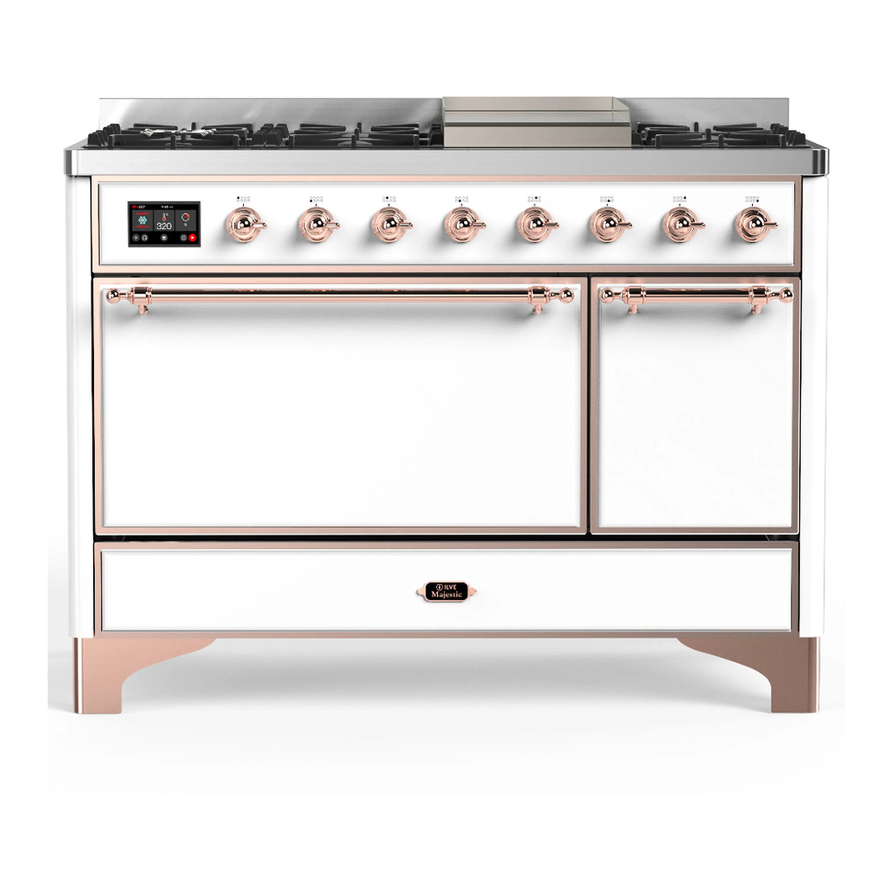 White dual fuel range with copper trim, gas burners, griddle, and closed oven doors