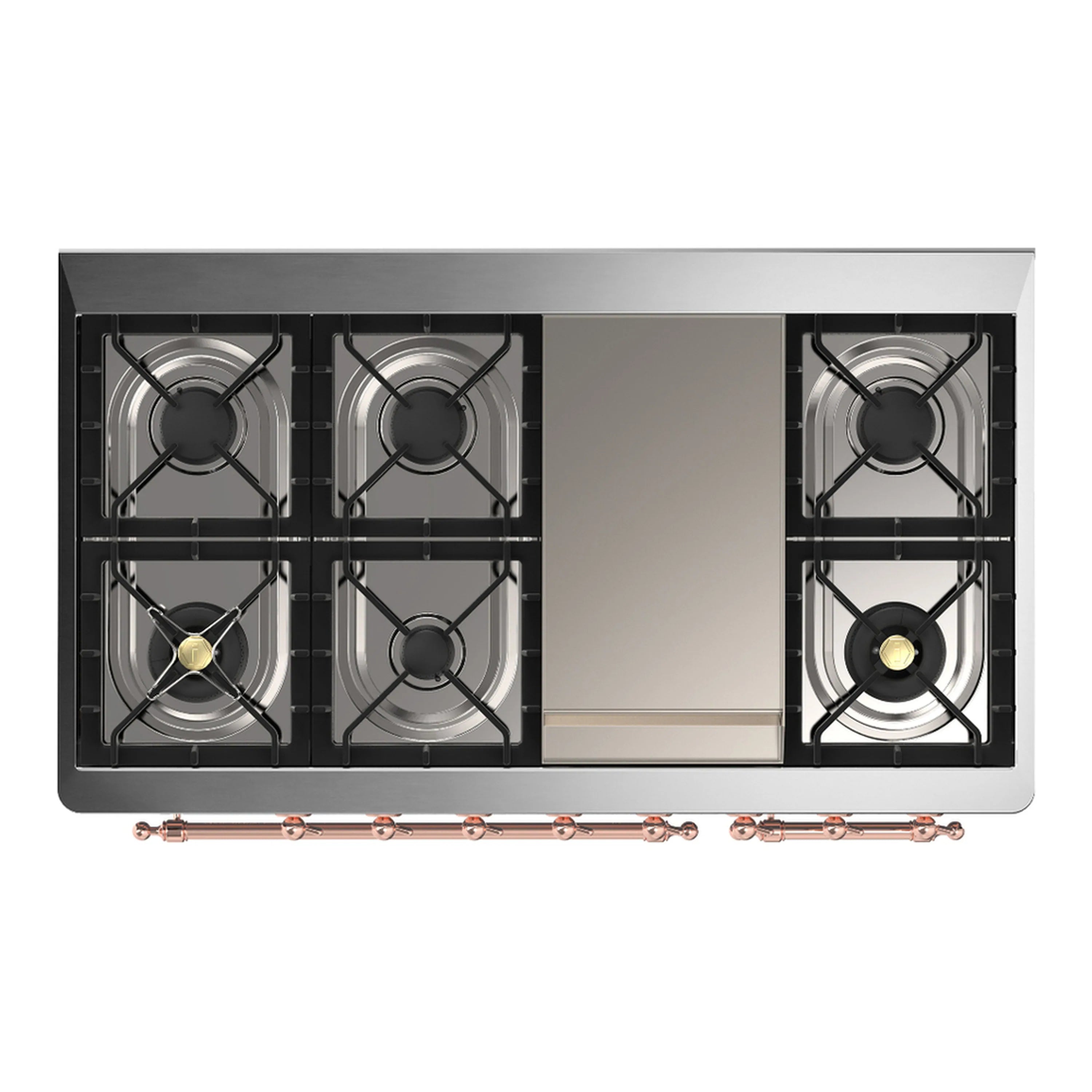 Underside view of white range with four gas burners and copper control bar