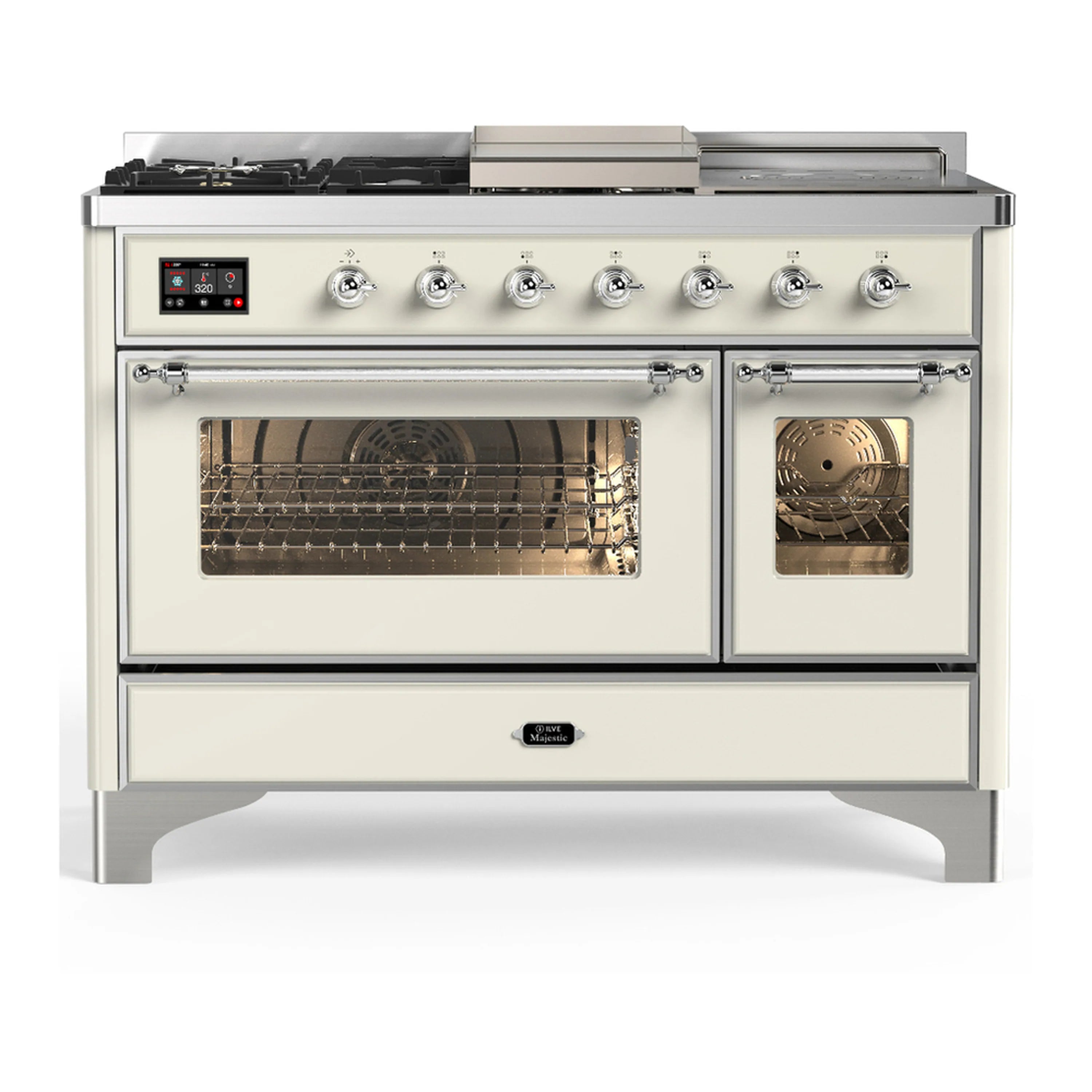 Antique white dual-fuel range with chrome trim, closed triple glass oven doors