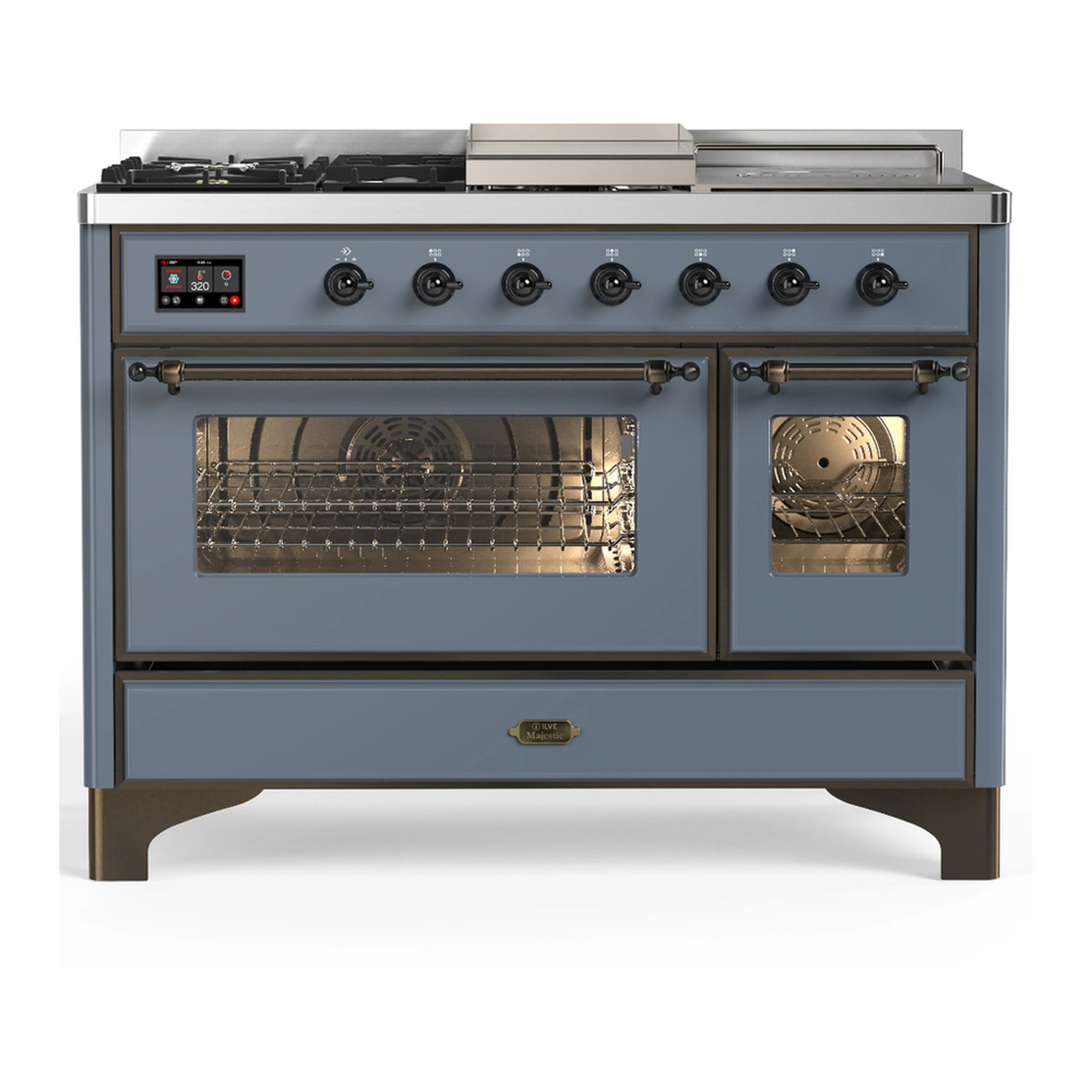 Blue-grey dual fuel range with two oven doors and front burner control knobs