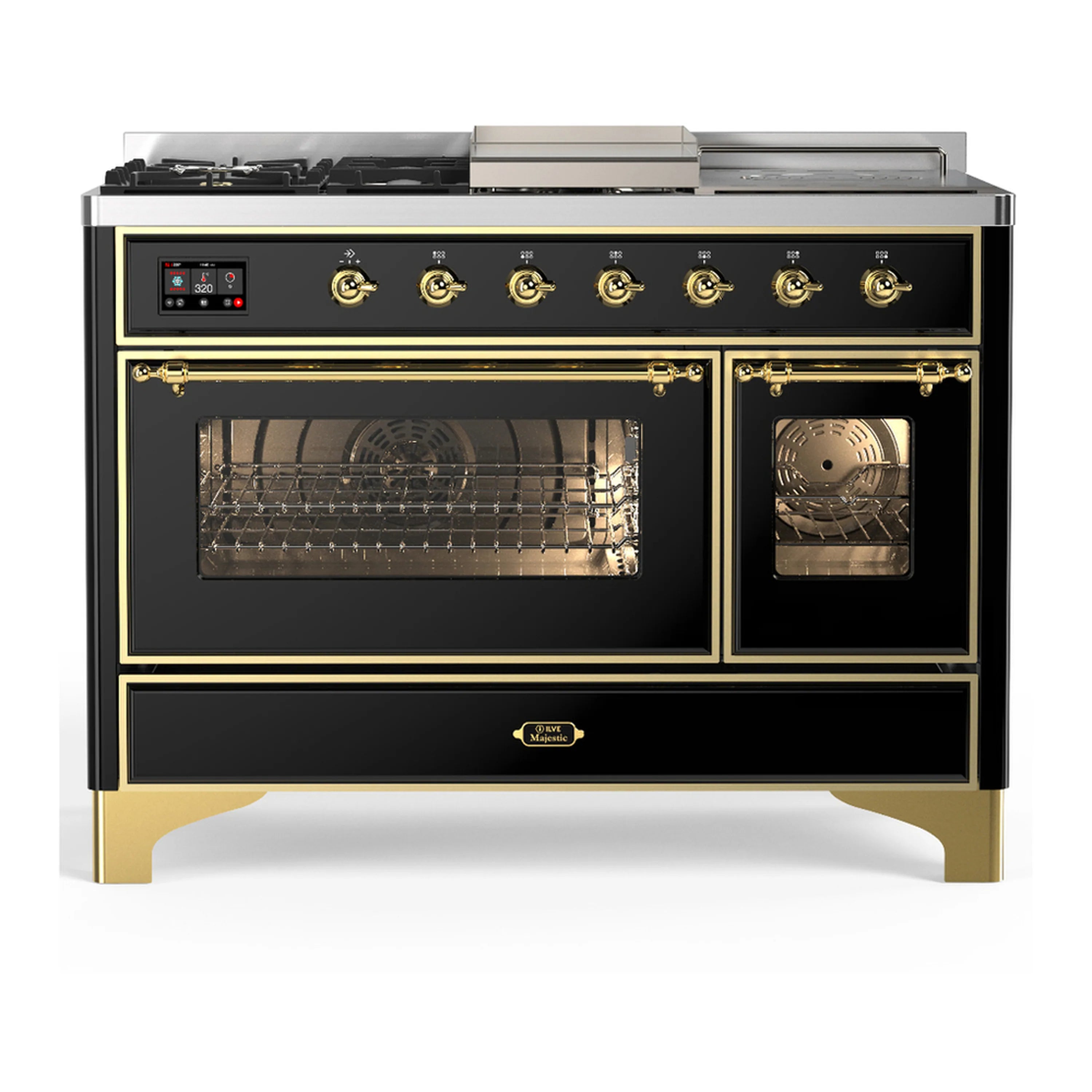 Glossy black dual fuel range with brass trim, two oven doors open, burner knobs on front