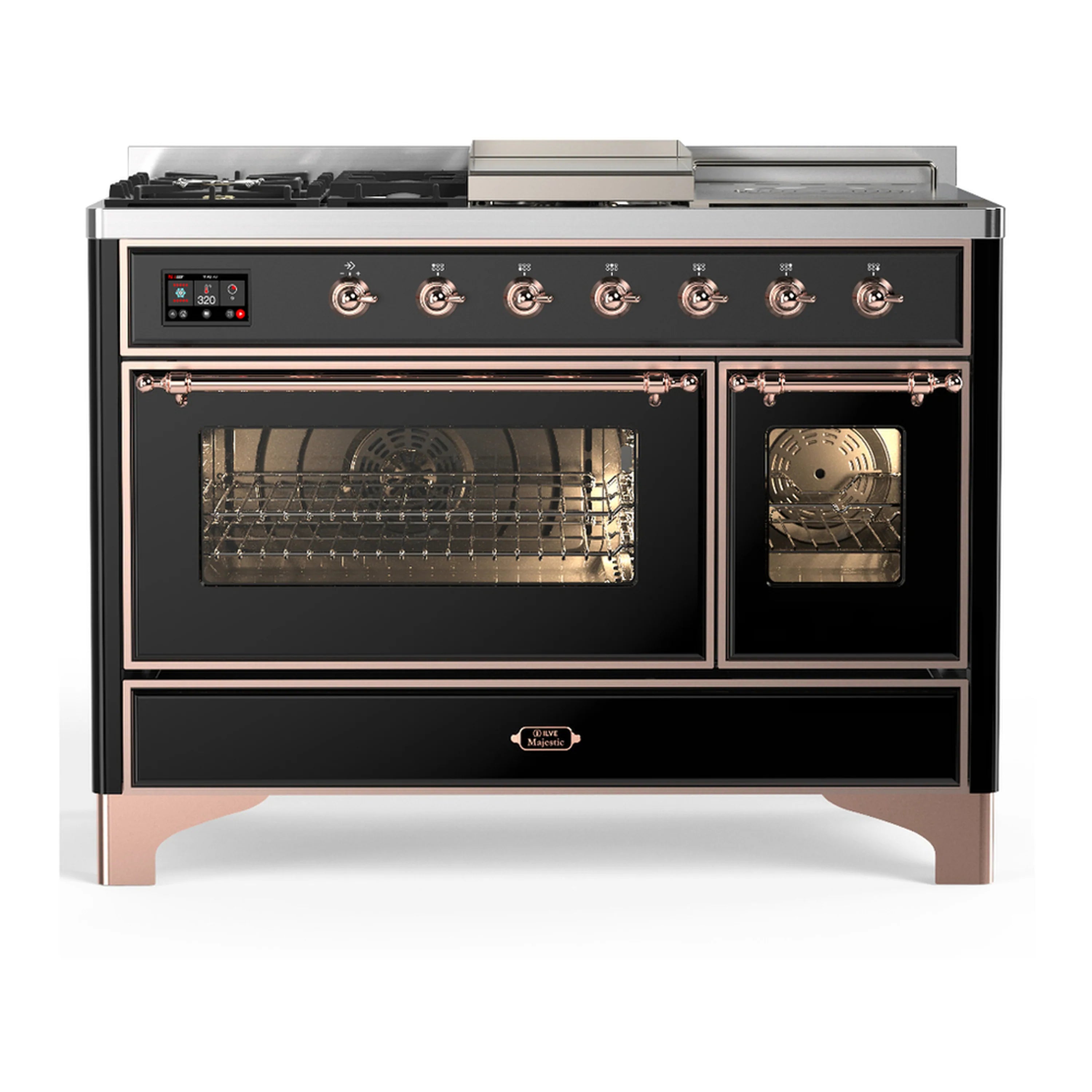 Glossy black dual fuel range with copper-trim control panel and two oven doors