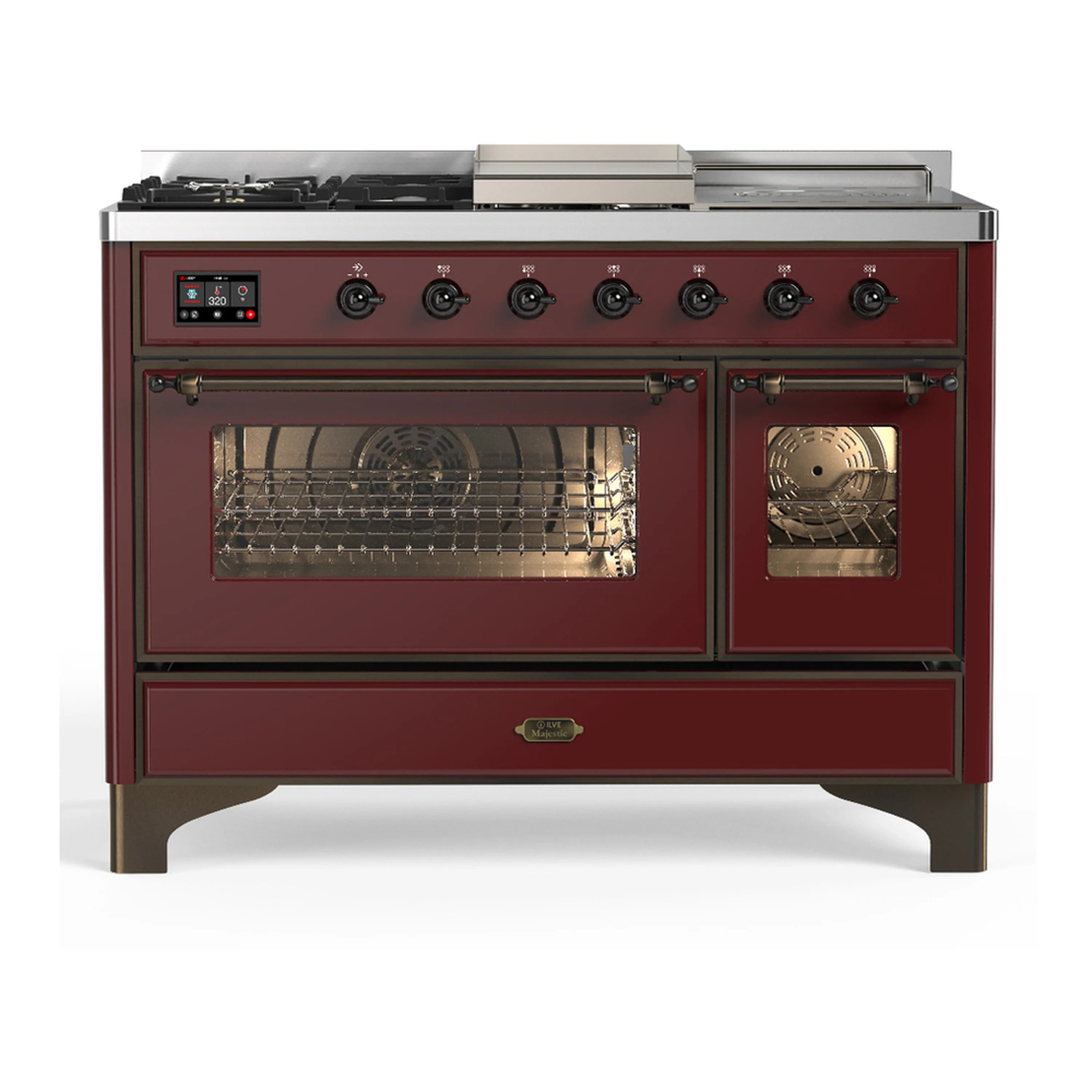 Burgundy dual fuel range with glass oven doors and control knobs, stainless top trim