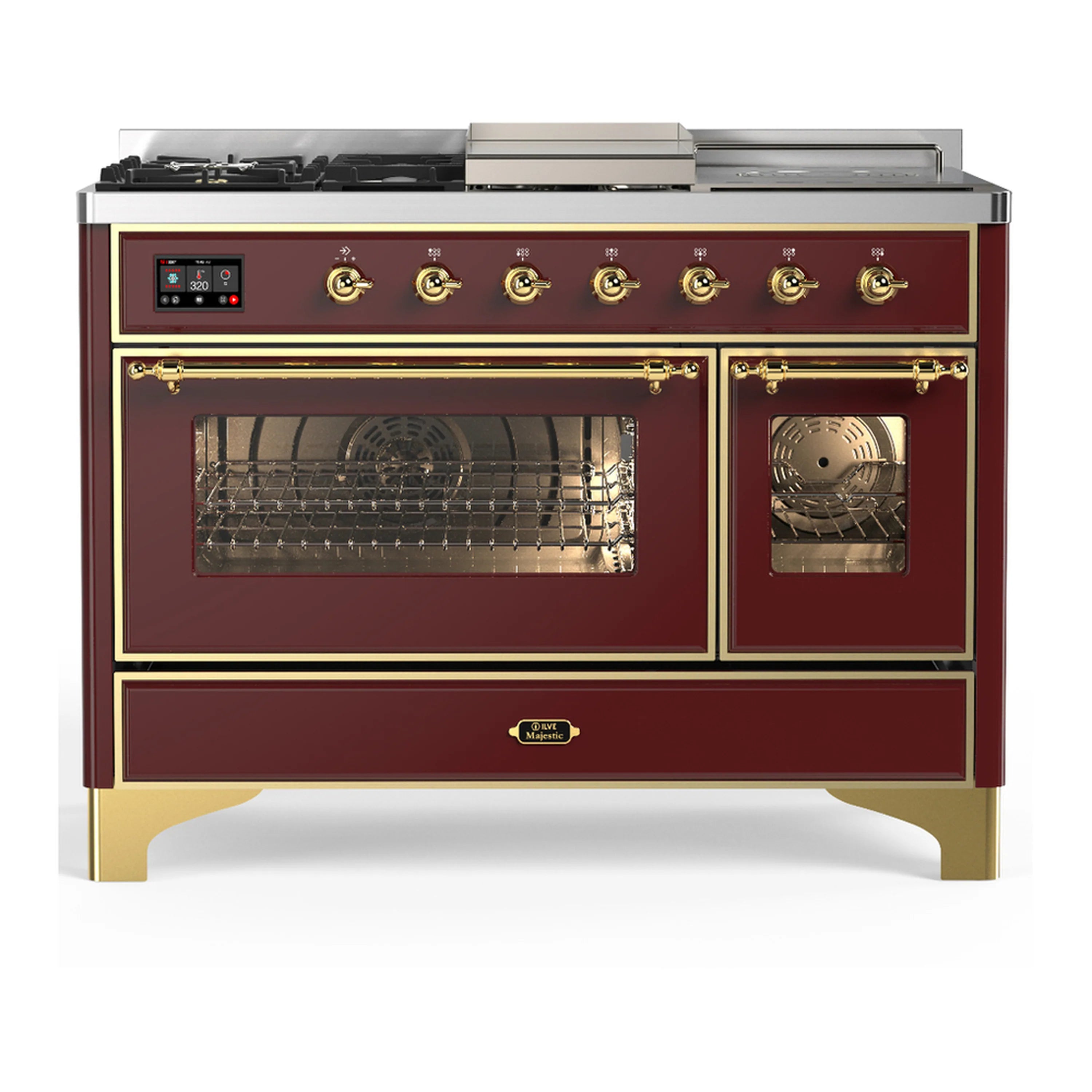 Burgundy dual fuel range with brass trim; left oven door window and controls panel