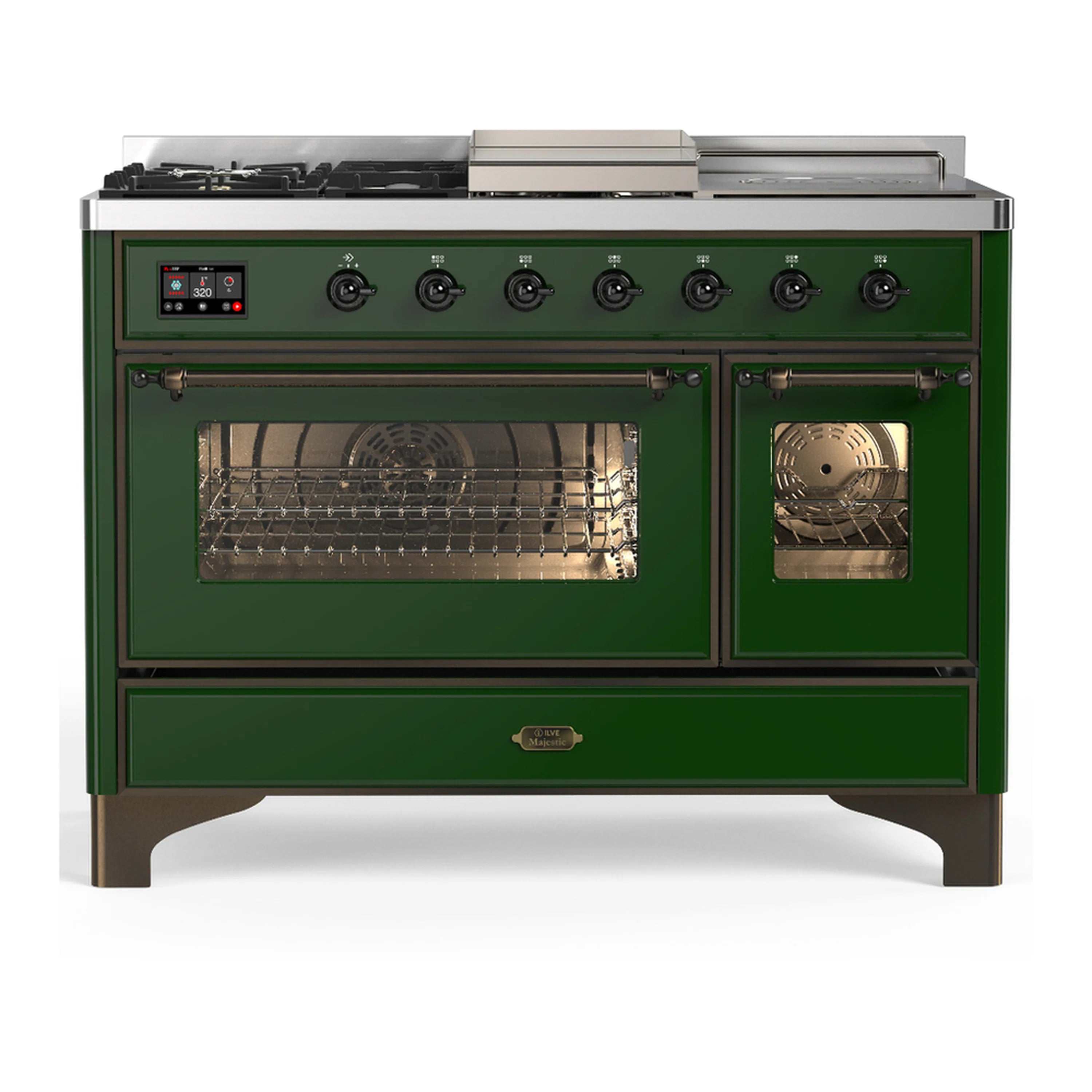 Emerald green dual fuel range with two glass oven doors and control knobs