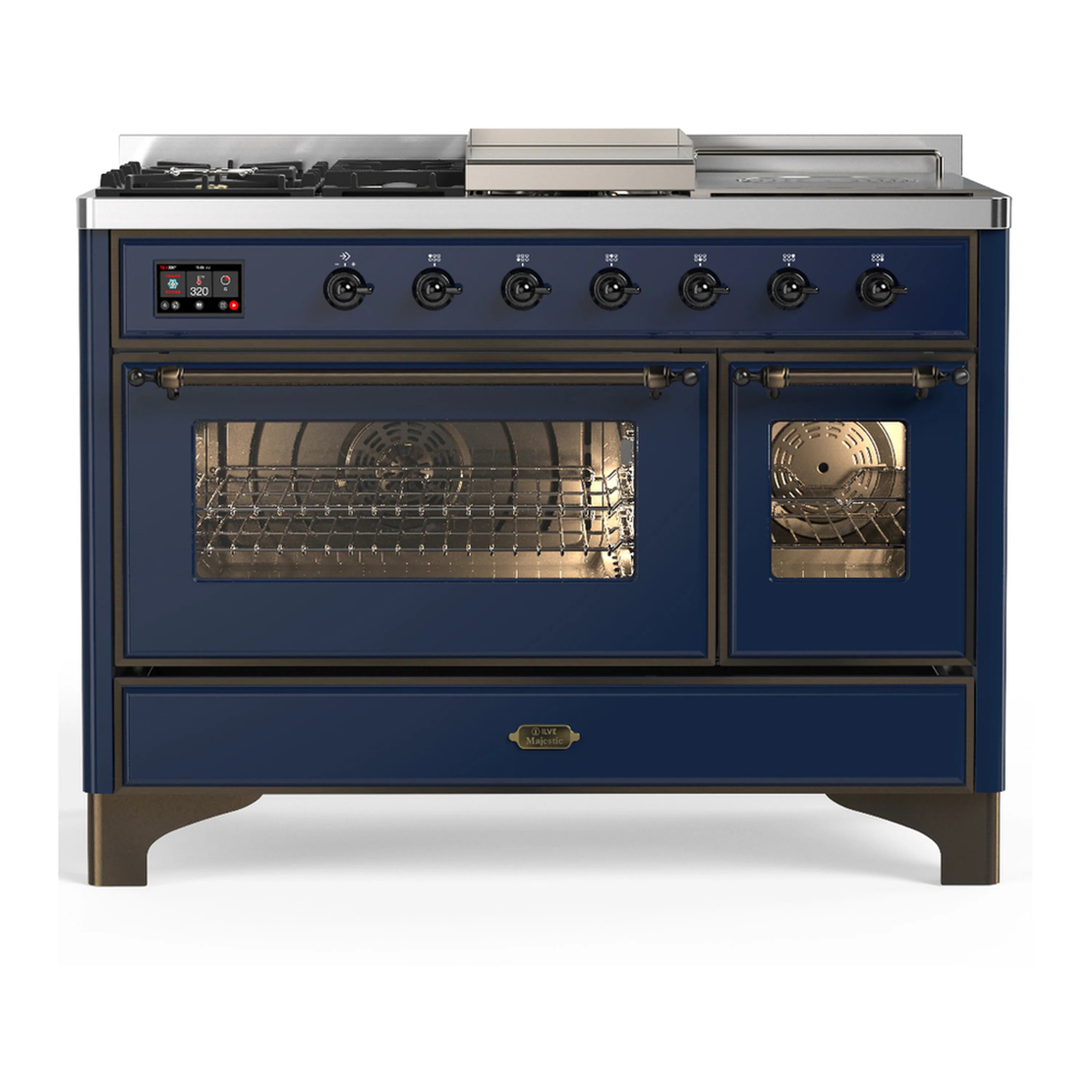 Midnight blue dual fuel range with control panel and dual oven doors, front view.
