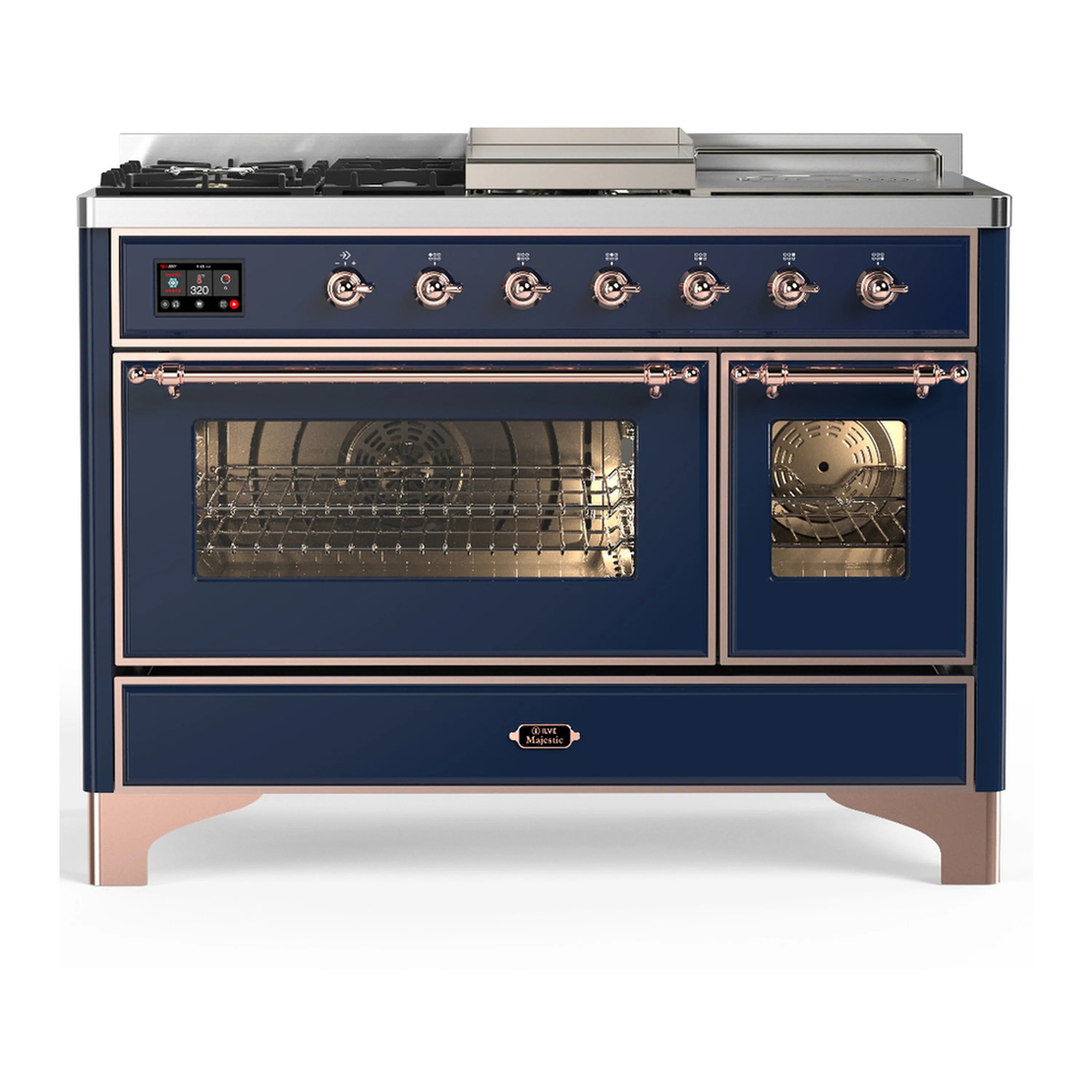 Midnight blue dual fuel range with copper trim, control knobs, and two glass oven doors