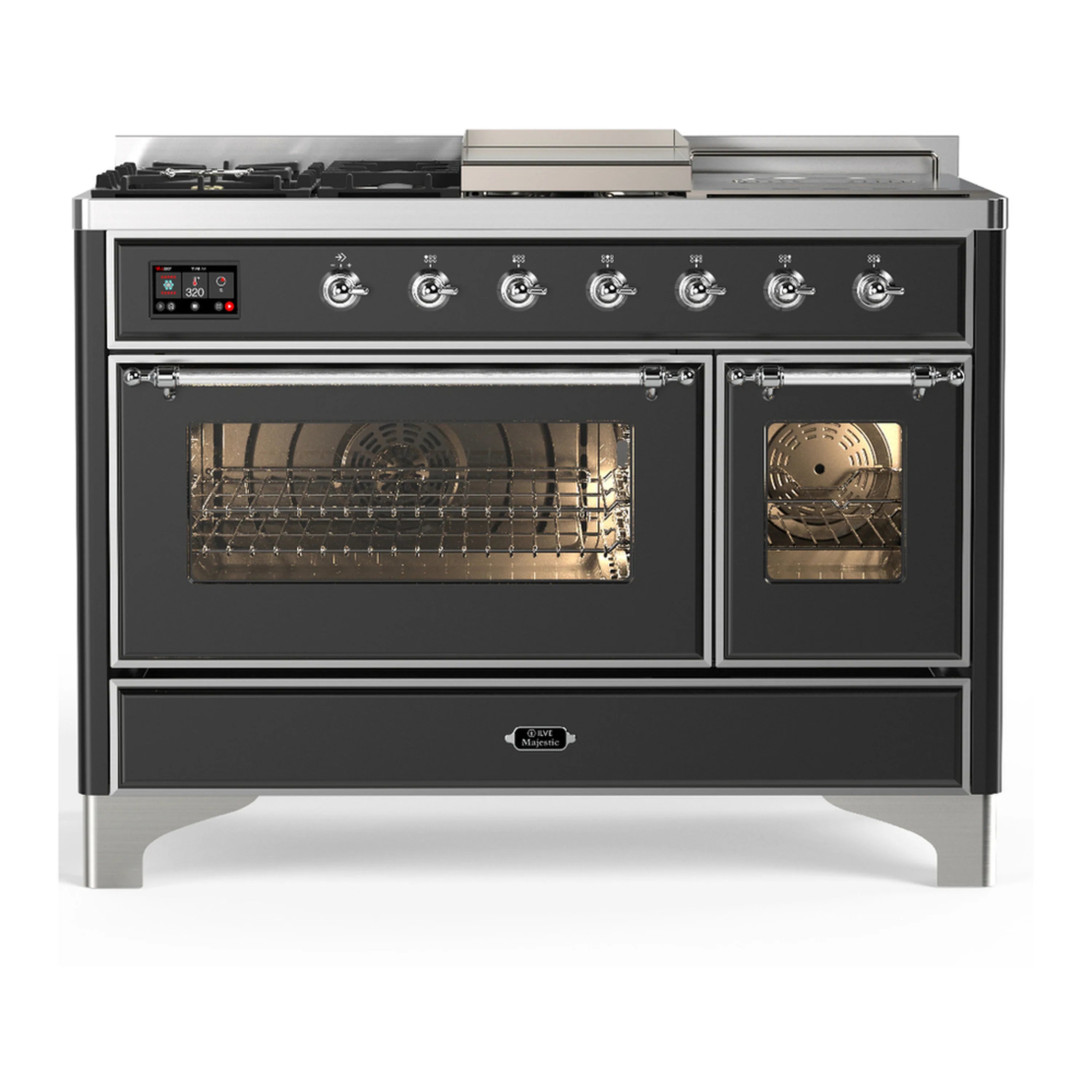 Graphite matte dual fuel range with chrome trim, closed double oven doors, control knobs