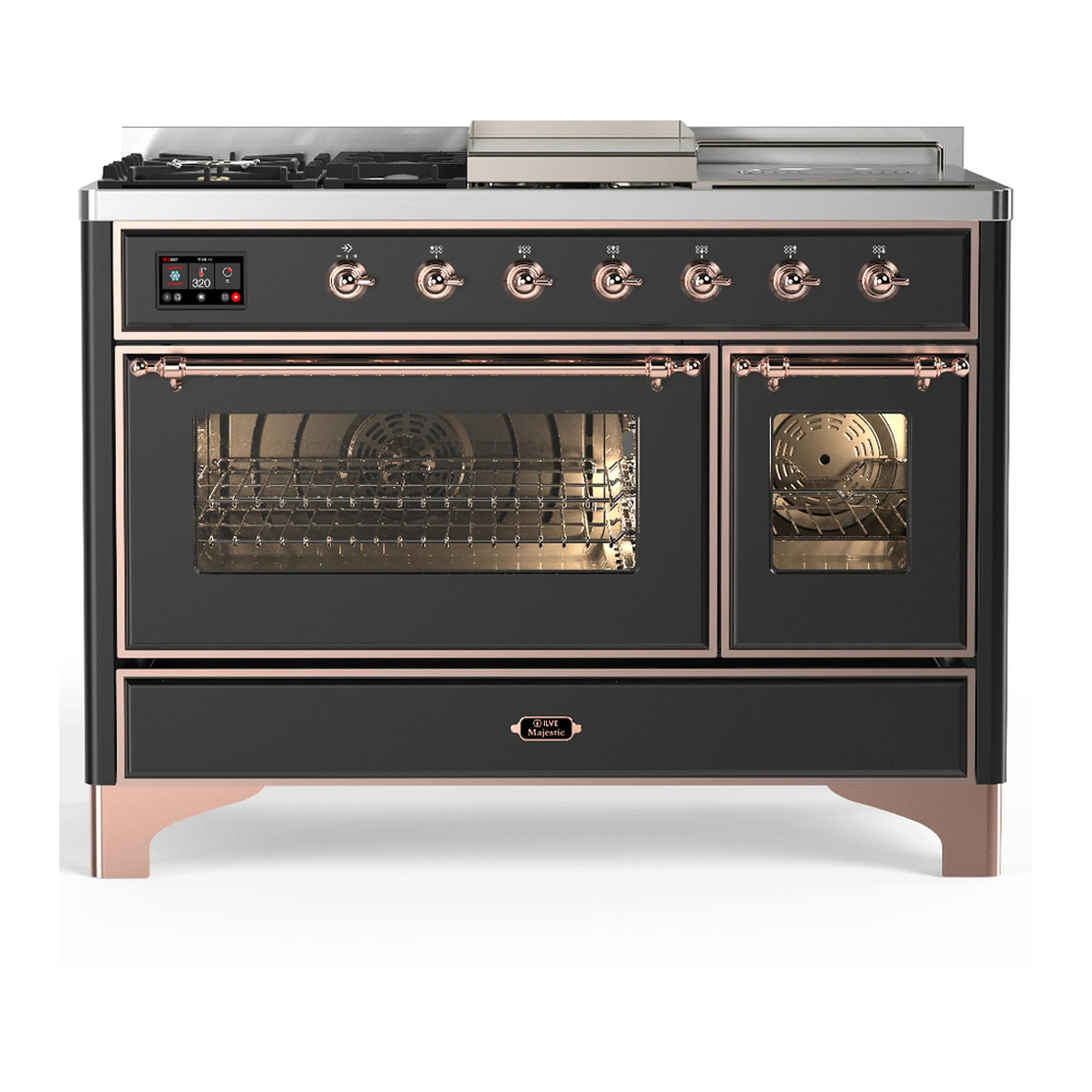 Graphite dual fuel range with copper trim, dual oven doors, and front control knobs