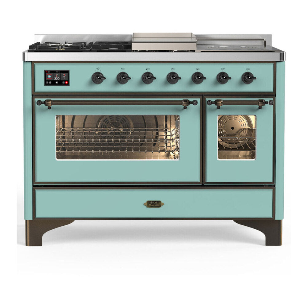 ILVE Majestic III 48-inch Dual Fuel Range with 5 Liquid Propane Burner, Griddle, French Top and Triple Glass Door Electric Oven in Mediterranean Mint with Burnished Trim (UM48FSNR3MMBLP)