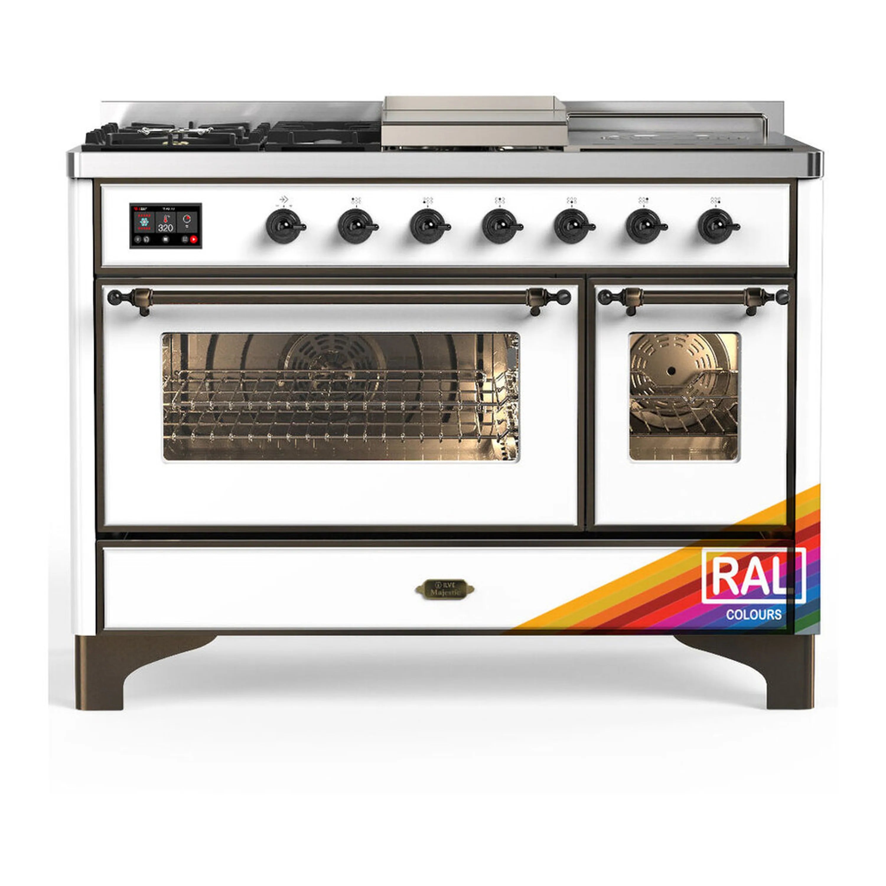 ILVE dual fuel range with two oven windows, control knobs and burners, French top