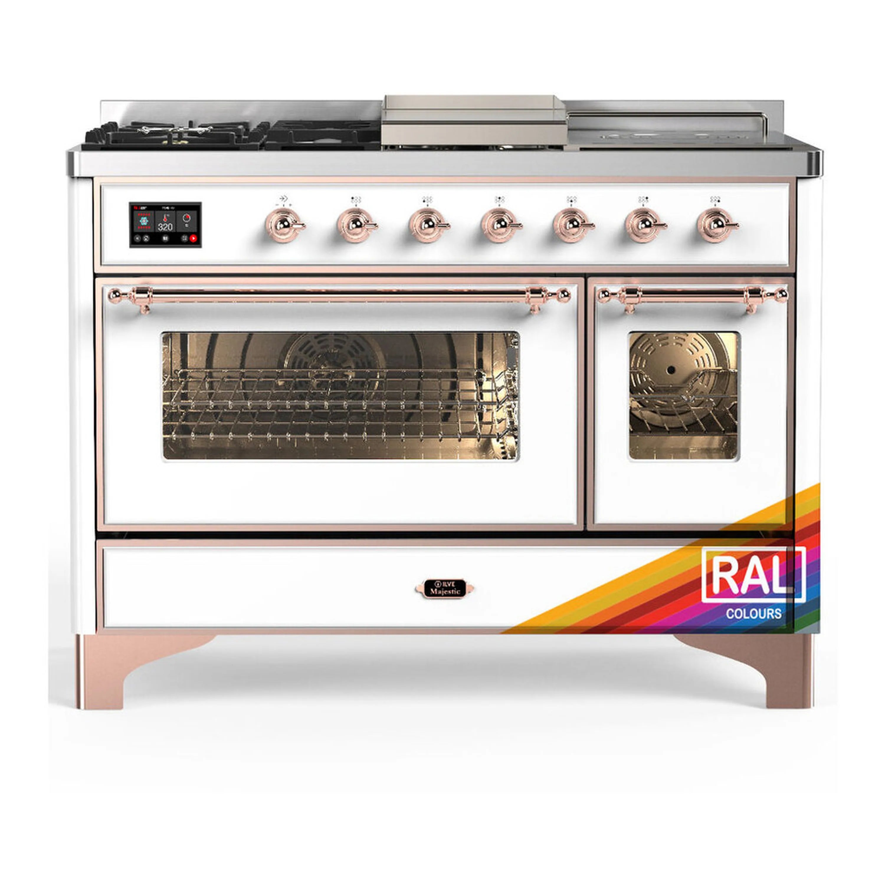 Dual fuel range with triple glass oven doors, copper trim, and RAL display label